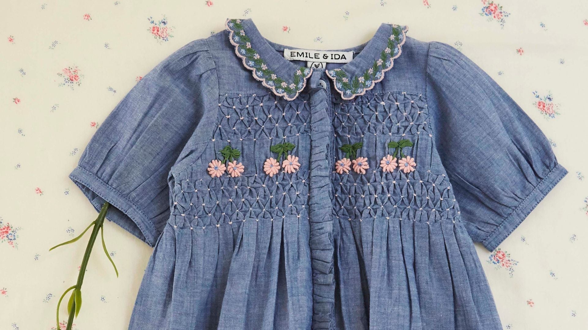 emile et ida denim dress EMILE ET IDA SS26 Chambray Smocked Embroidered Dress 12m / Chambray