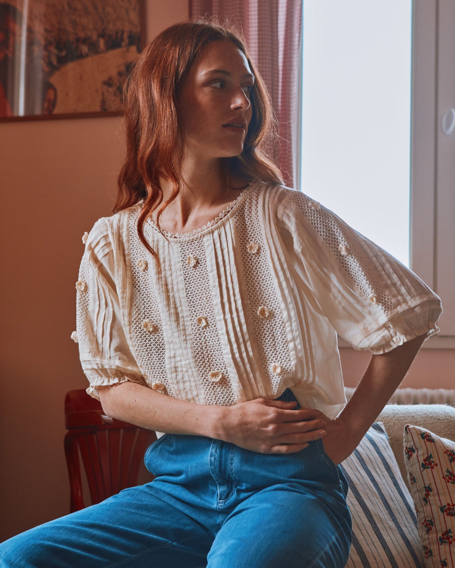 Ecru embroidered flower lace blouse