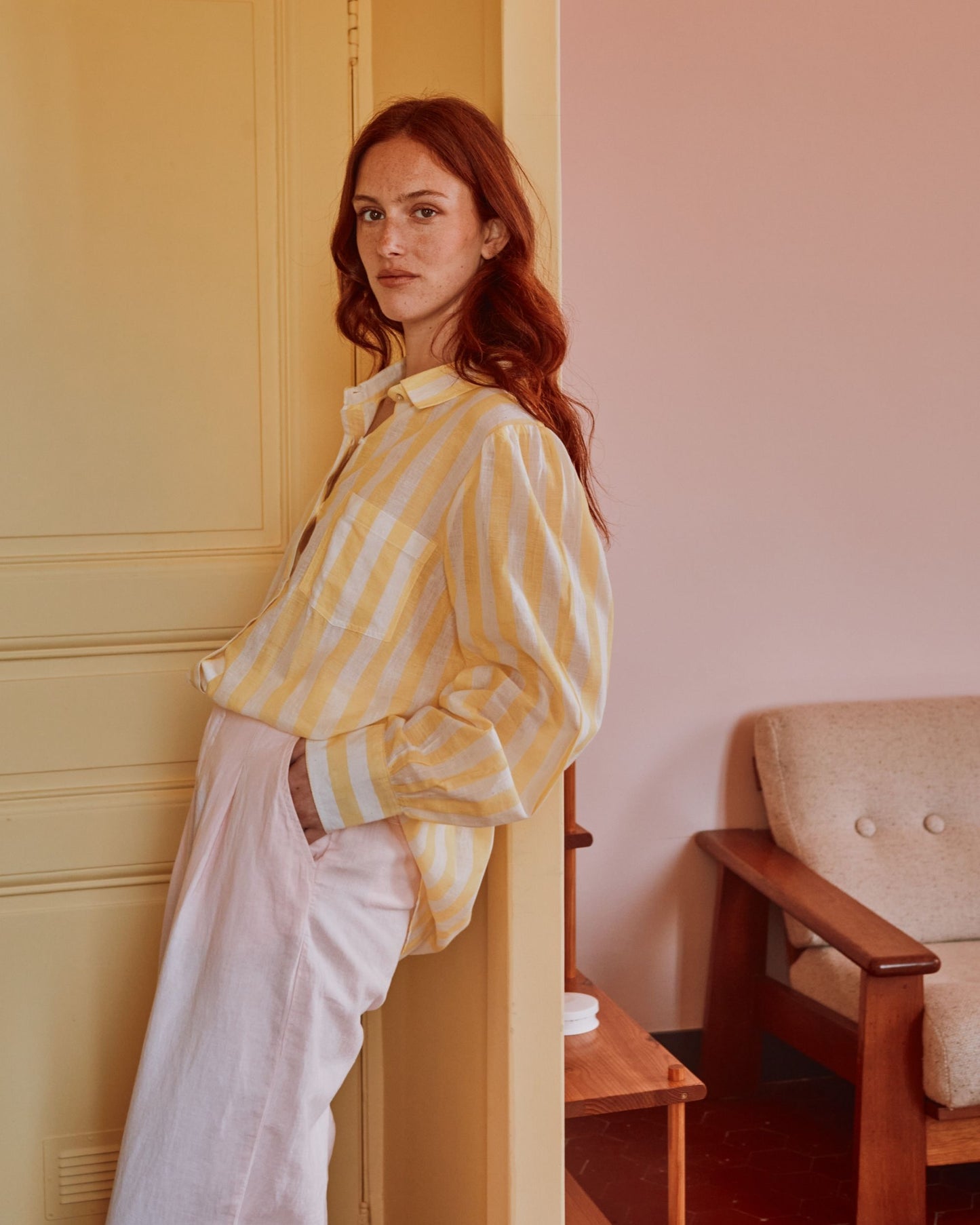 Chemise khadi rayures jaune et blanc
