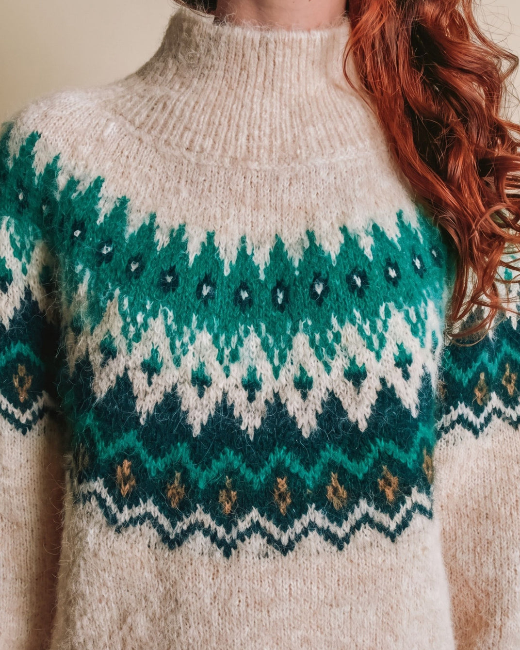 Pull - Jacquard écru et vert