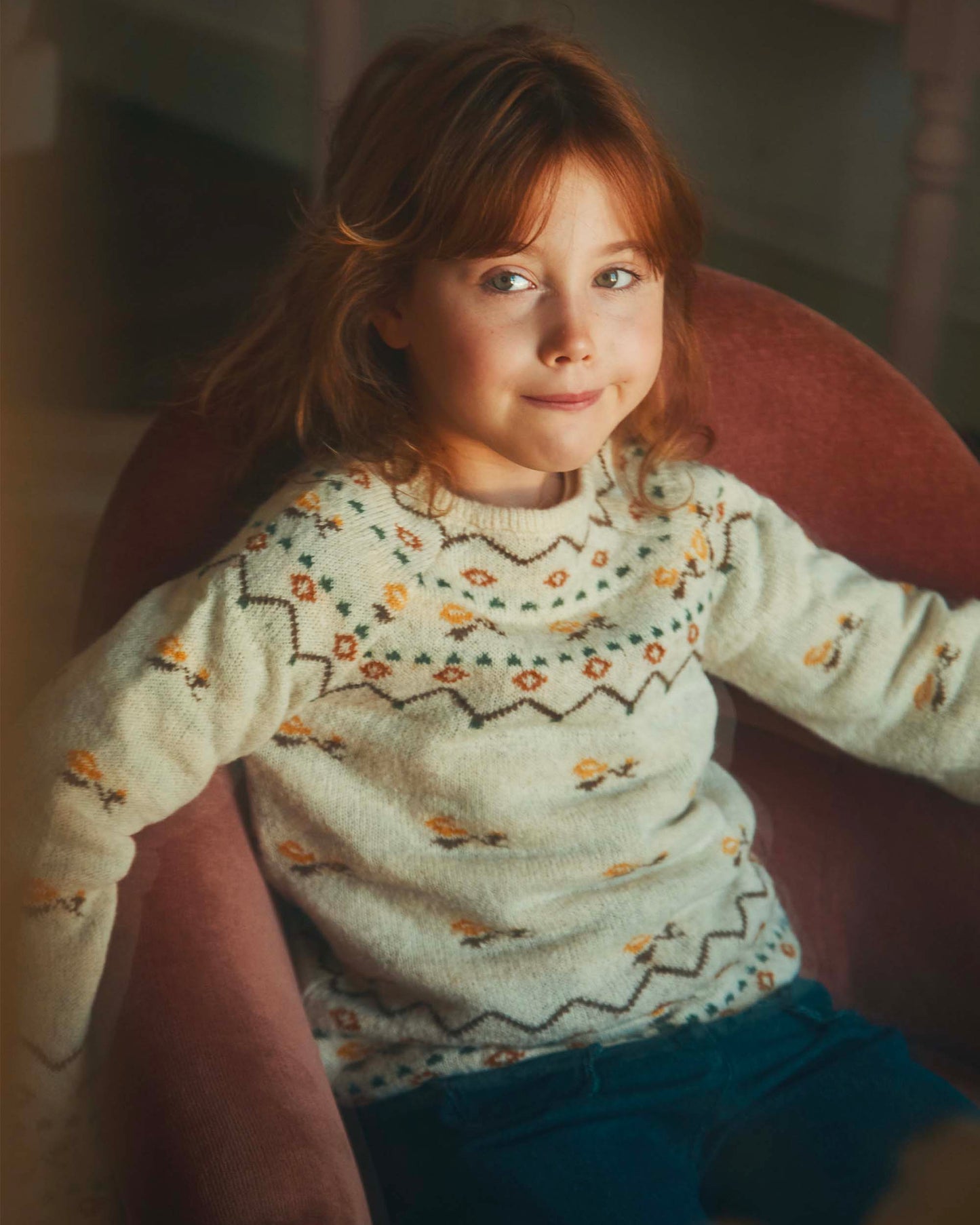 Pull jacquard écru et jaune
