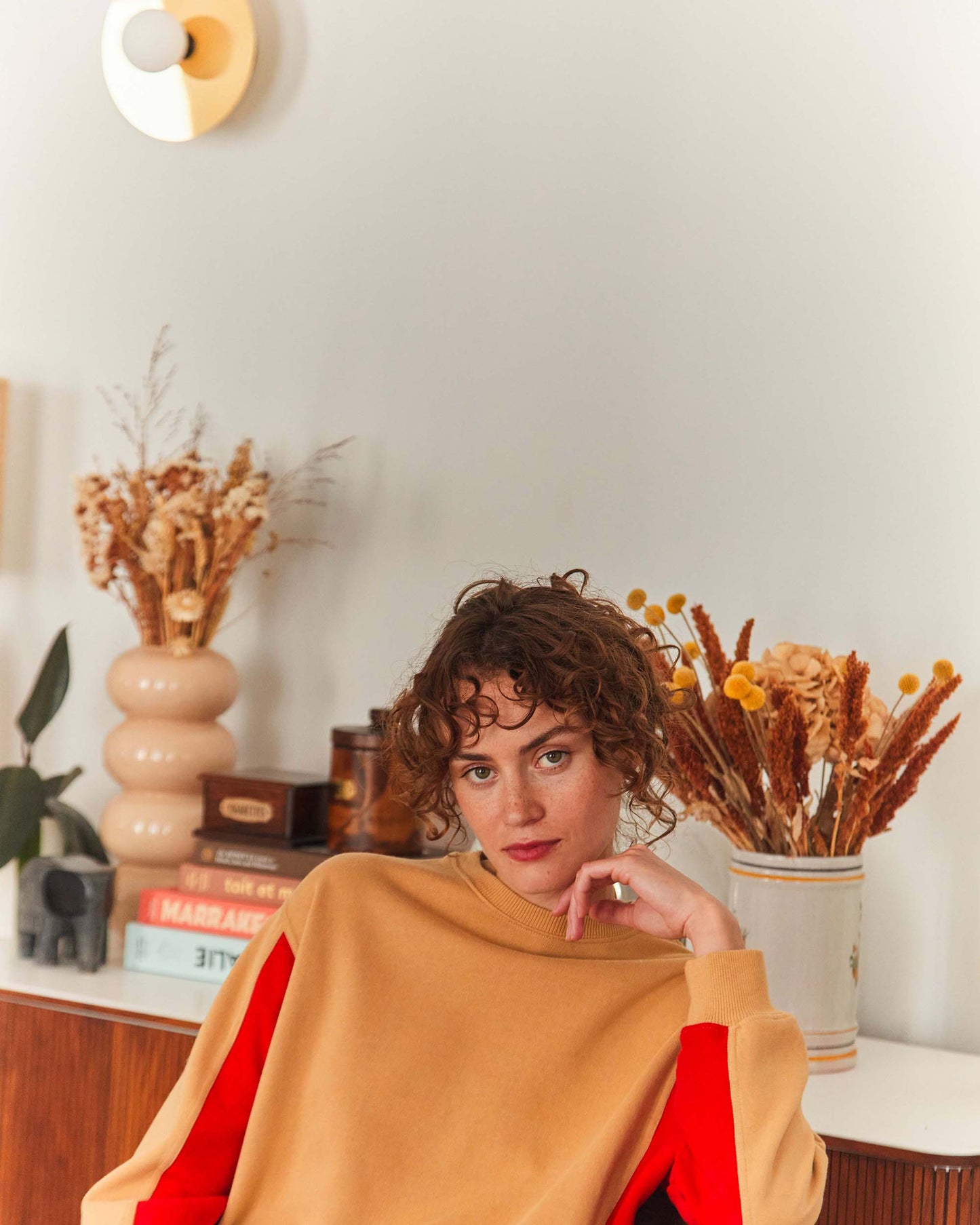 Sweat bicolore coton bio beige et rouge