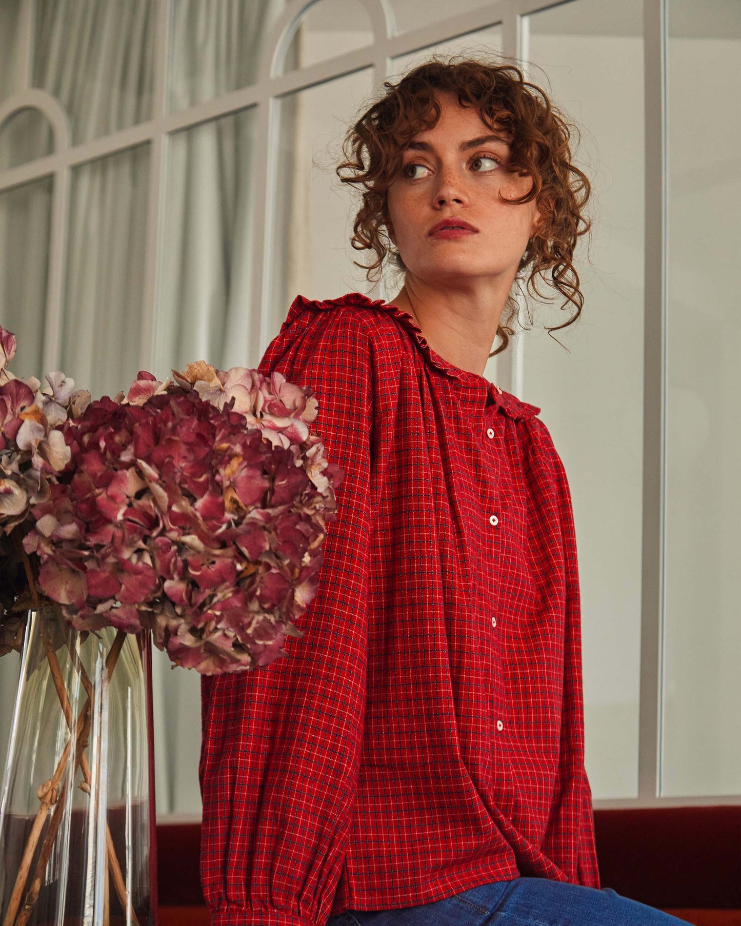Blouse col marin écossais rouge