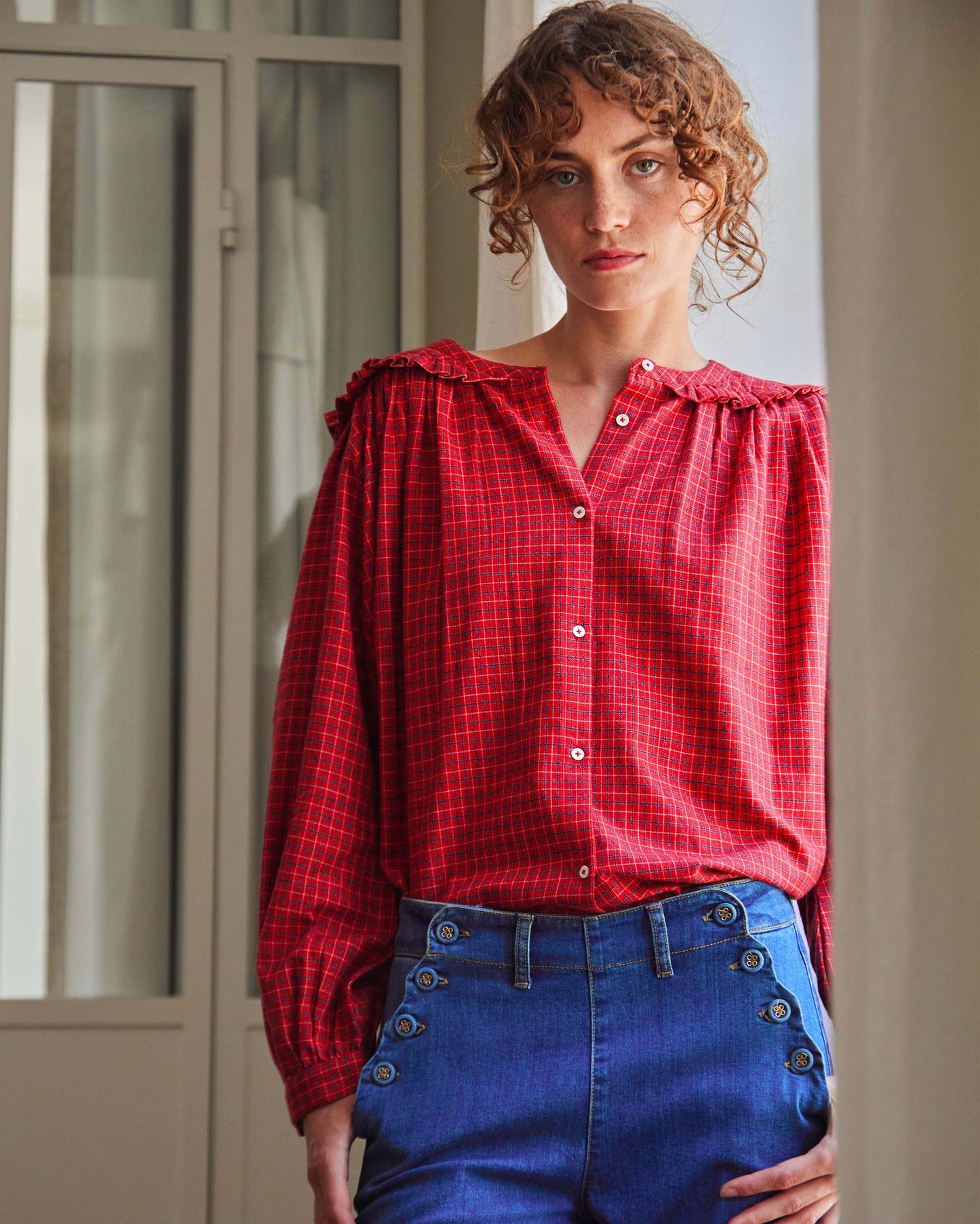 Blouse col marin écossais rouge