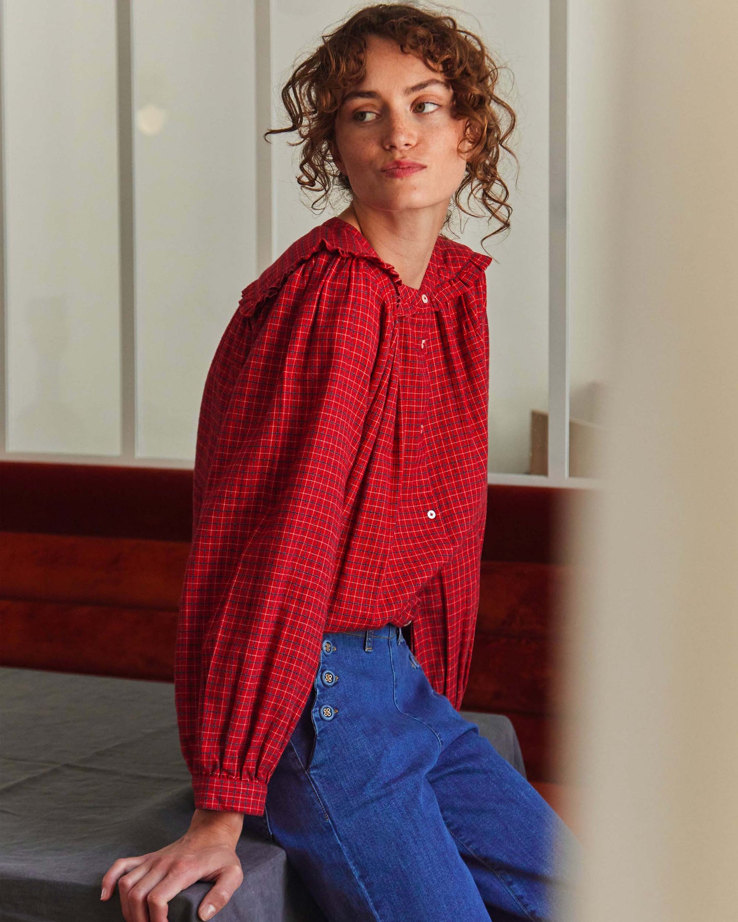 Blouse col marin écossais rouge