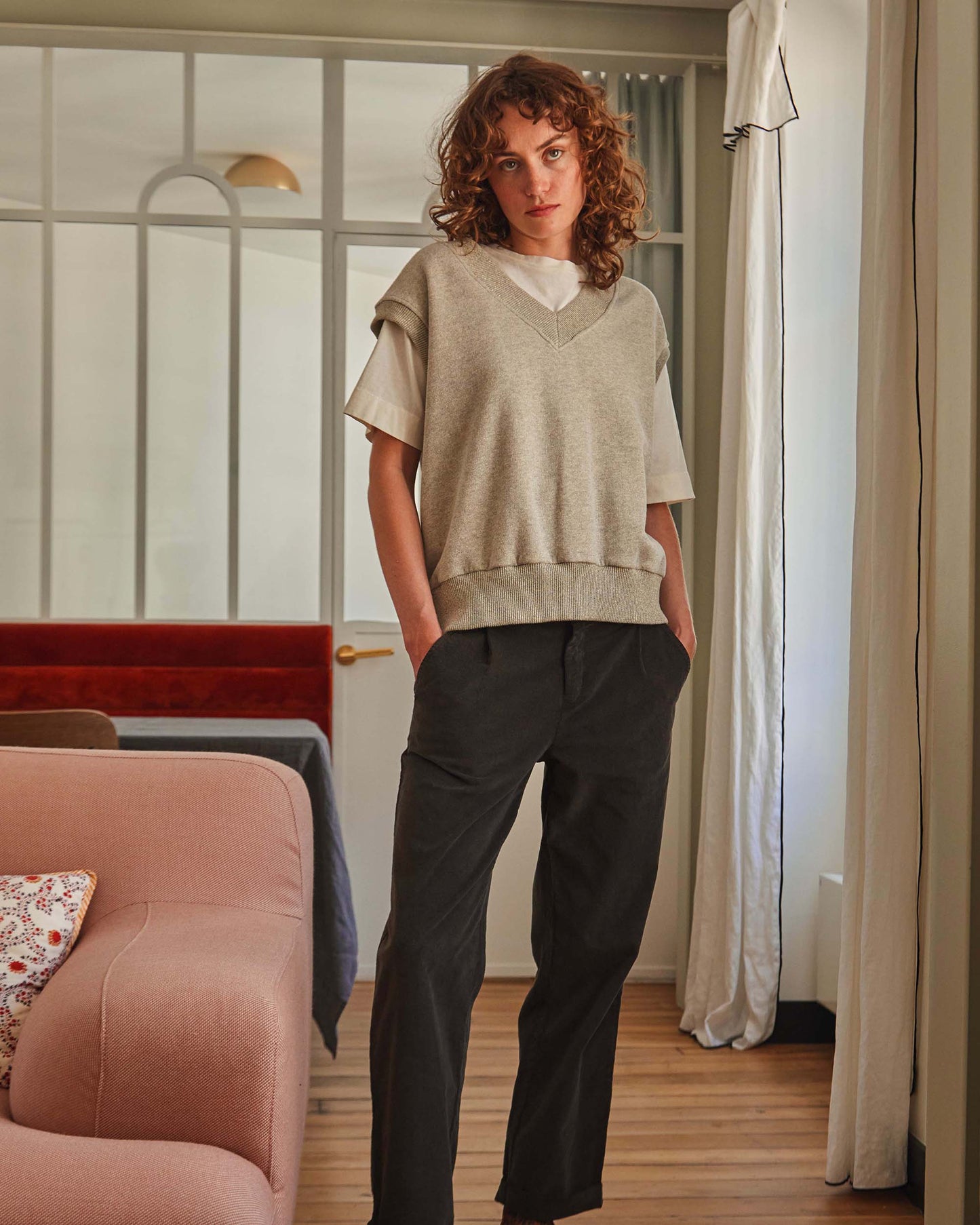 Pull sans manches coton bio gris chiné pailleté