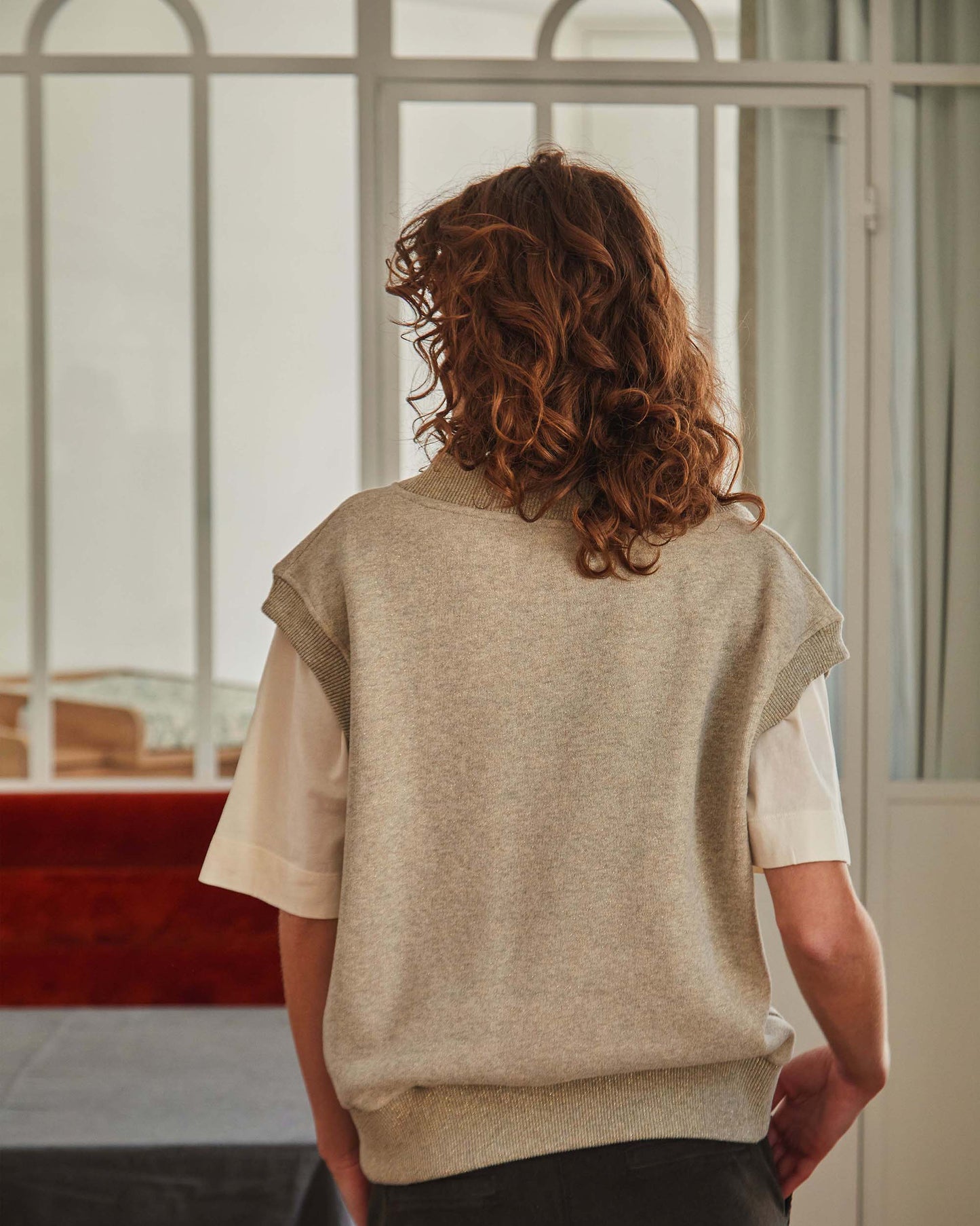 Pull sans manches coton bio gris chiné pailleté