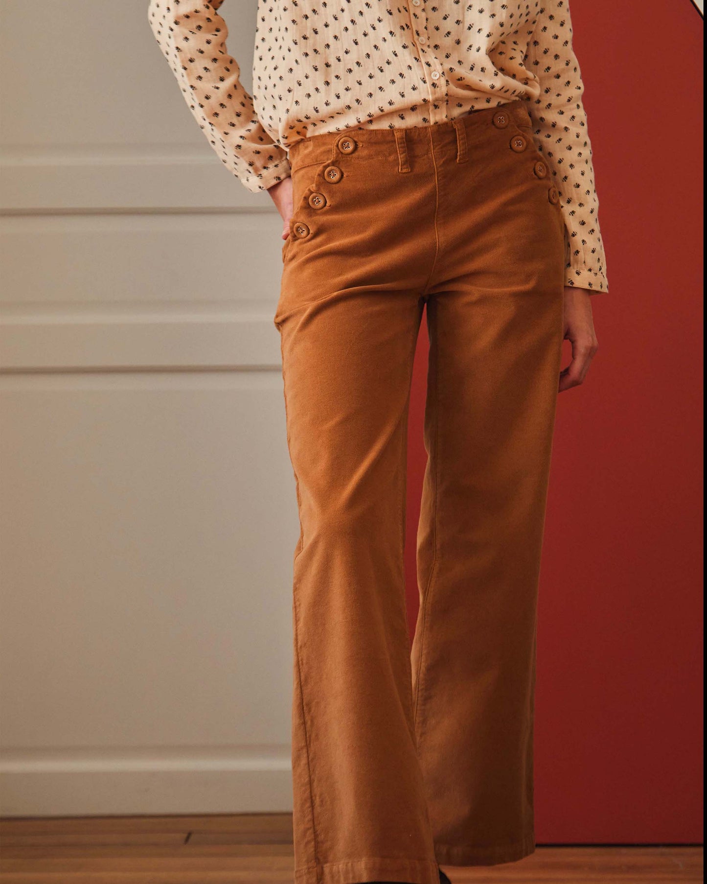 Pantalon à pont velours macadamia