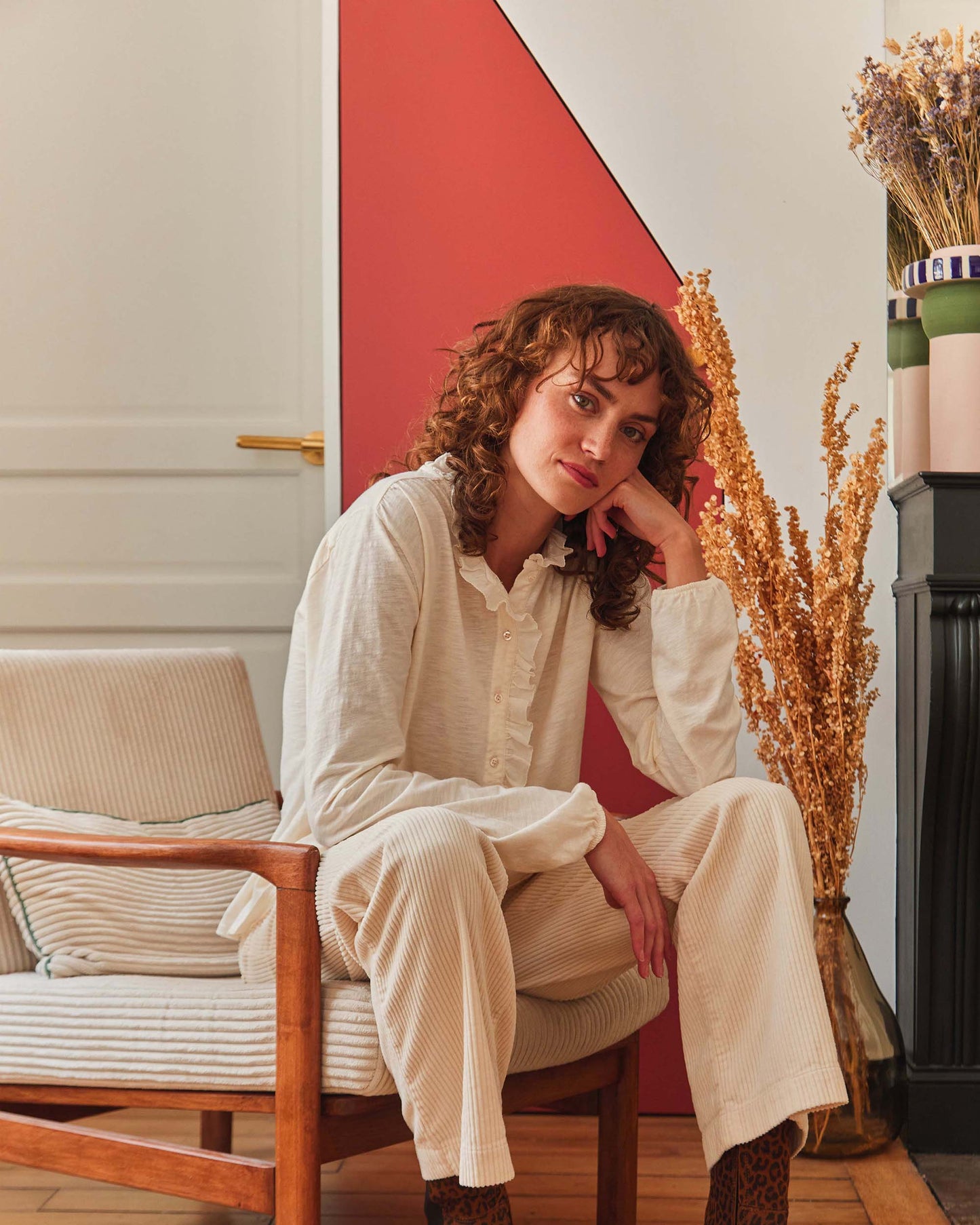 Pantalon ample velours écru