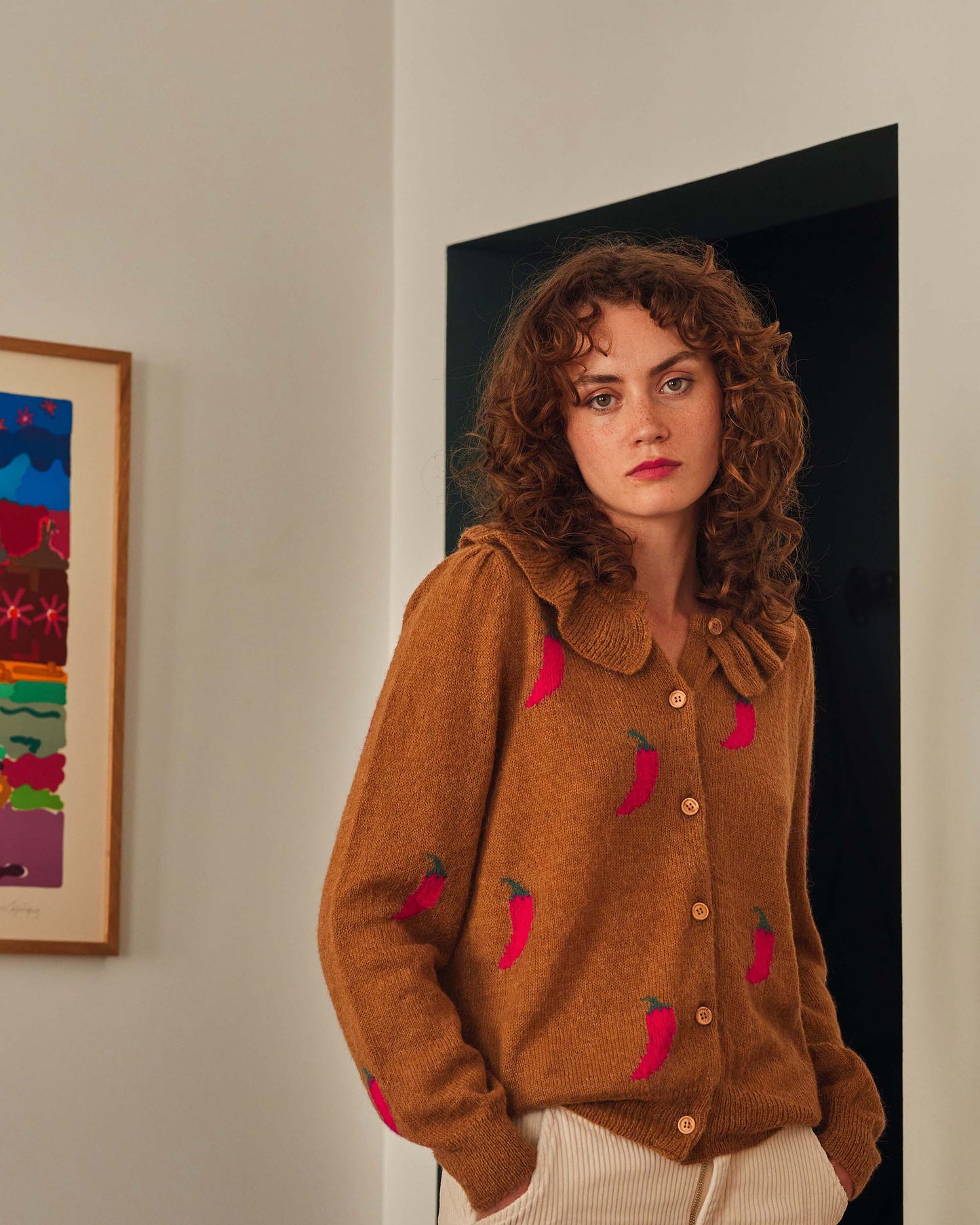 Cardigan femme collerette piment marron
