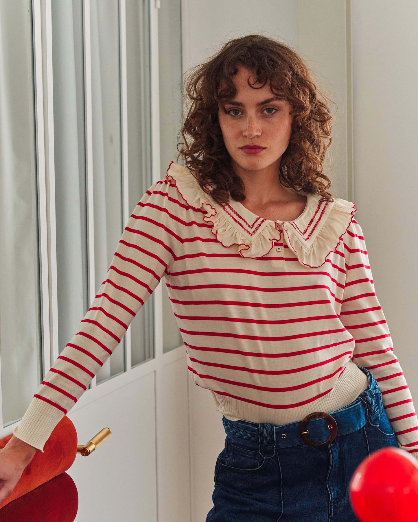 T-shirt rayures coton bio écru et rouge