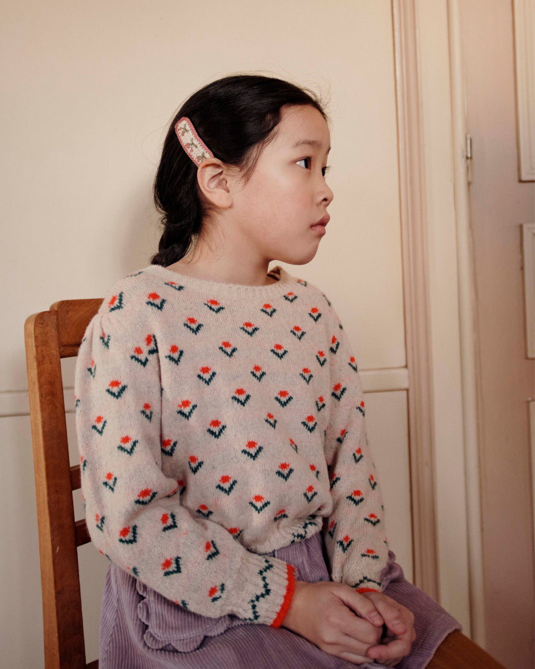 Pull jacquard à fleurs écru