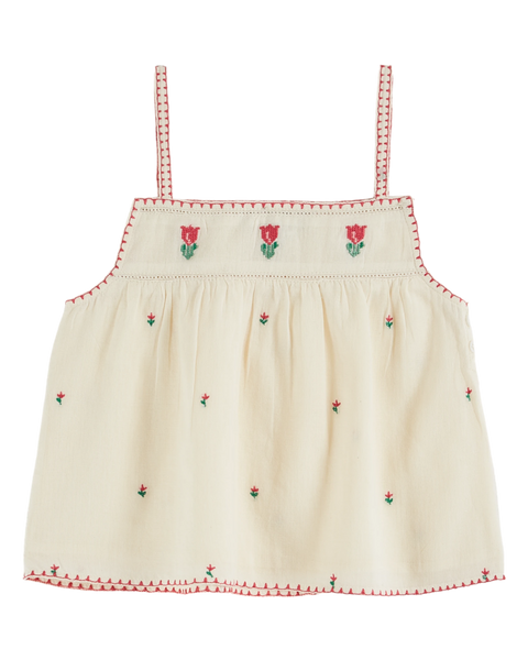 Top broderie tulipe écru