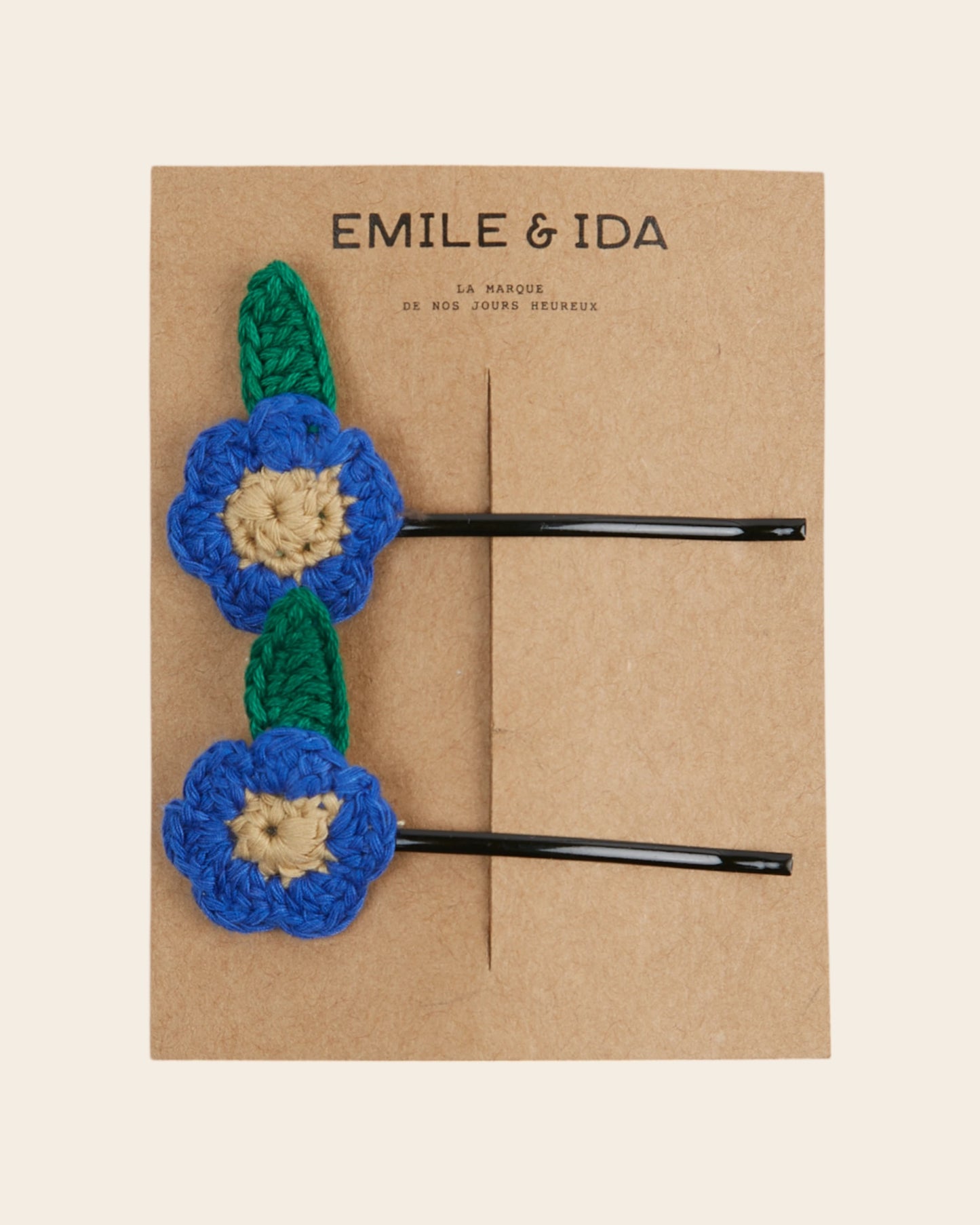 2 barrettes fines à fleurs en crochet bleu