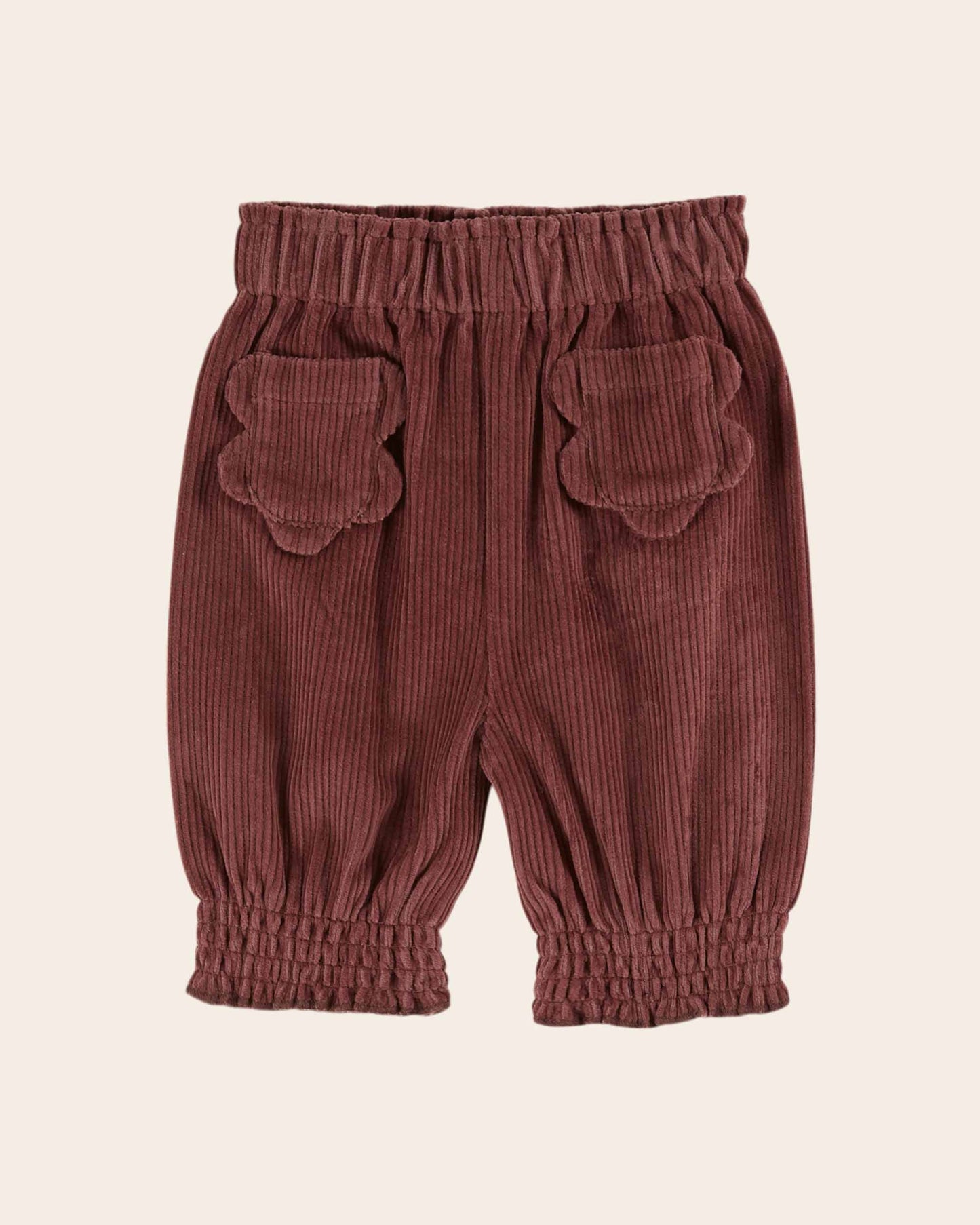 baby pants with purple flower pockets