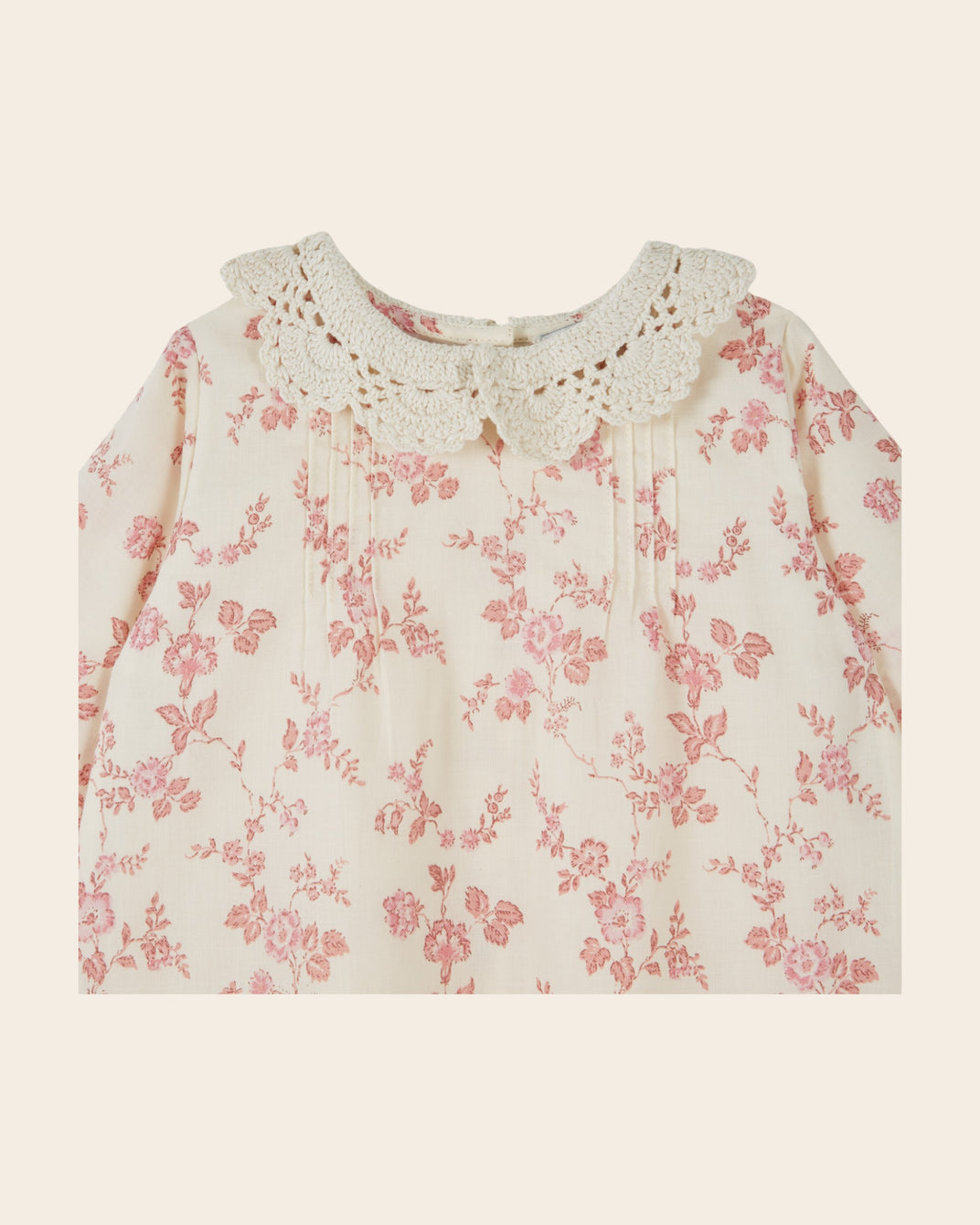 Robe bébé - Col crochet fleuri écru et rose