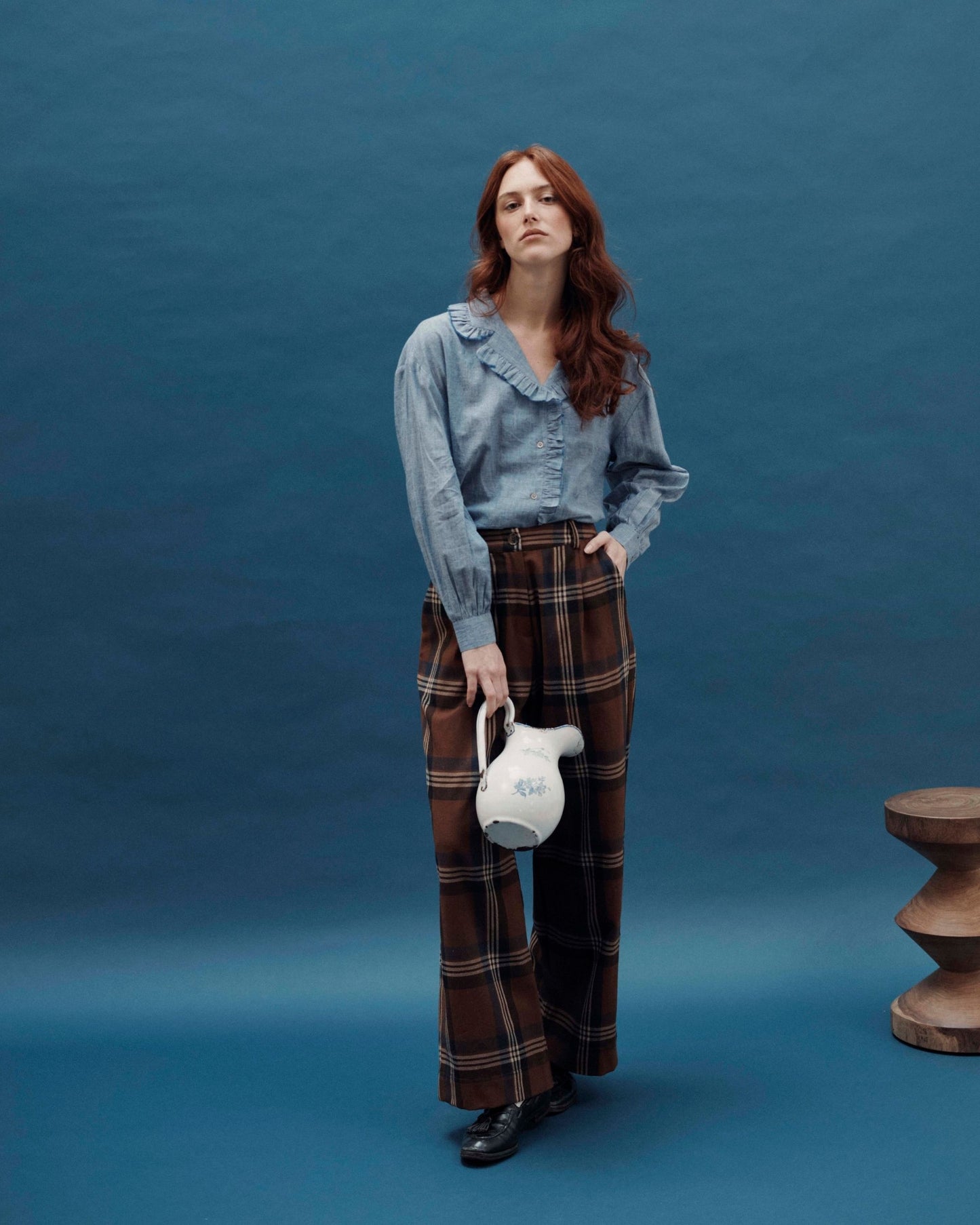 Pantalon large à carreaux marron