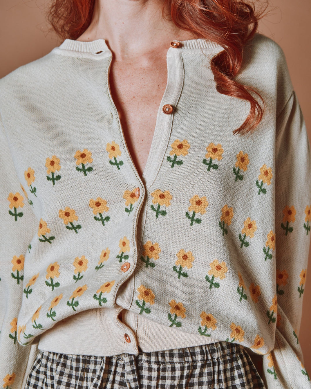 Cardigan - Jacquard à fleurs coton bio beige