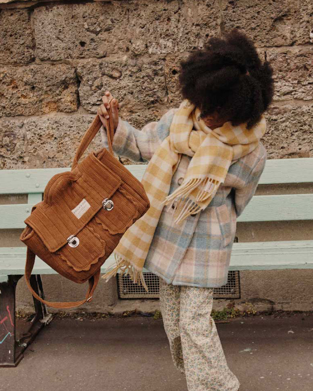 Manteau laine carreaux bleu et beige