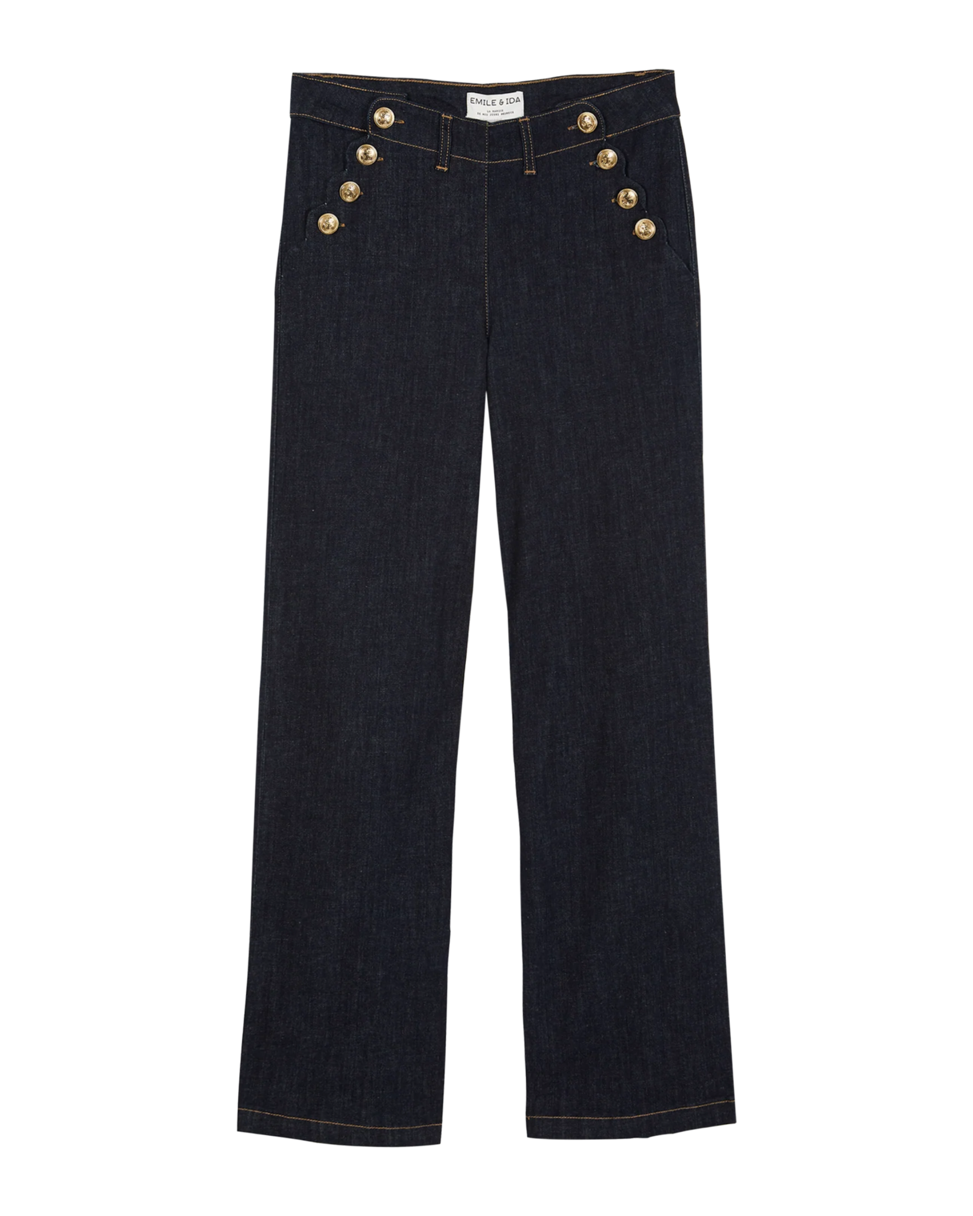 Organic cotton medium denim gold button bridge pants – Emile
