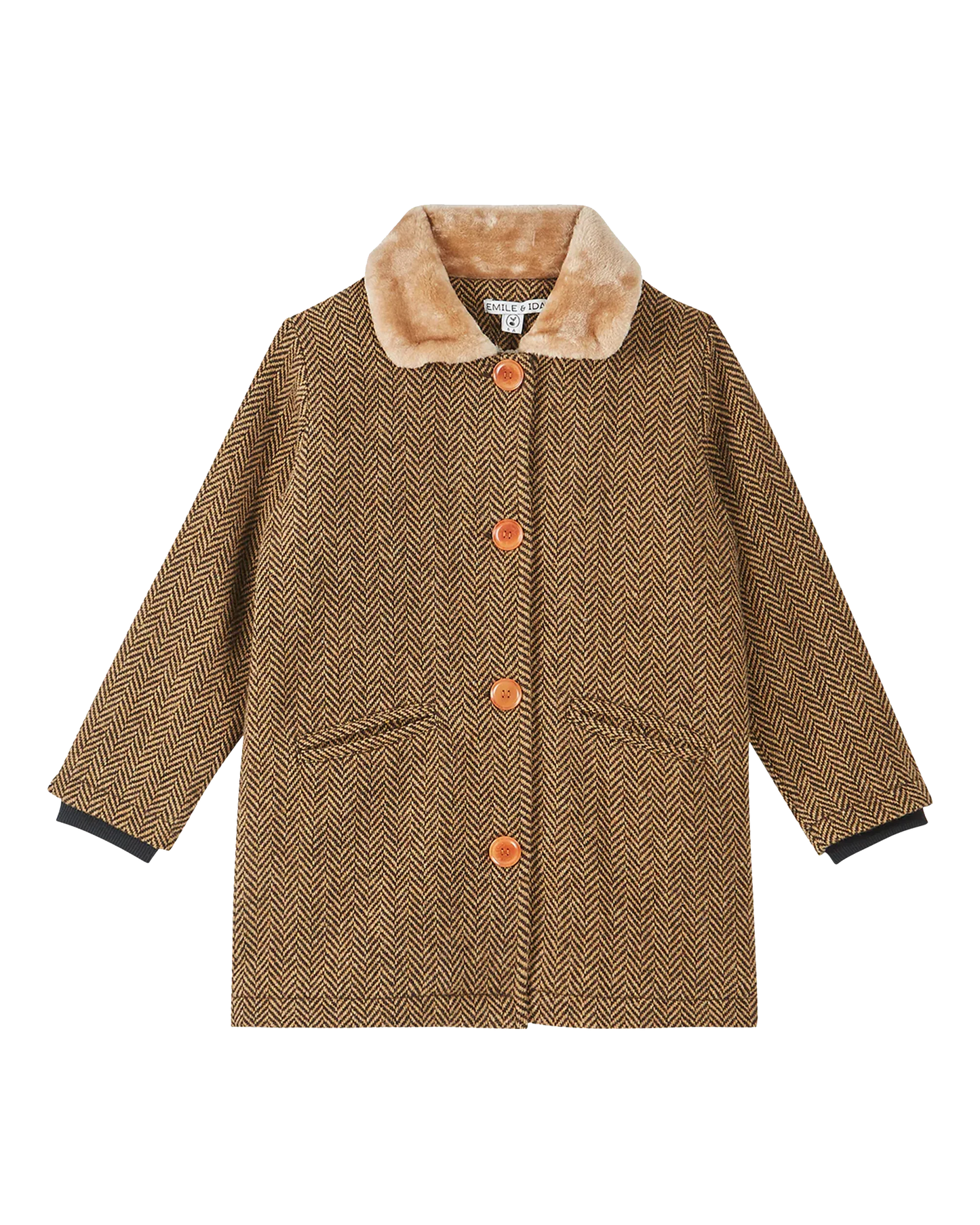 Manteau laine à chevrons beiges et noir