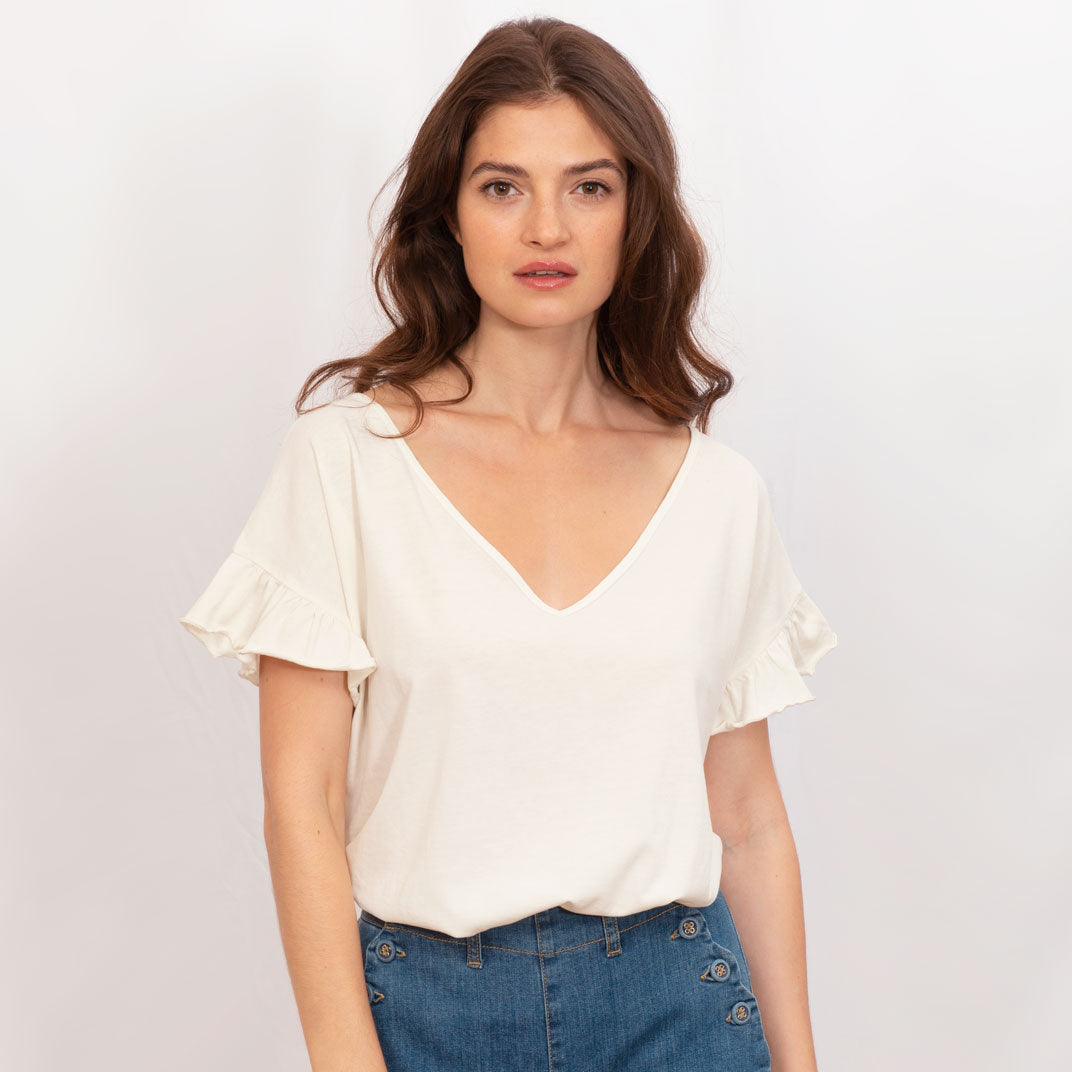 Organic cotton jersey ruffled t-shirt in ecru