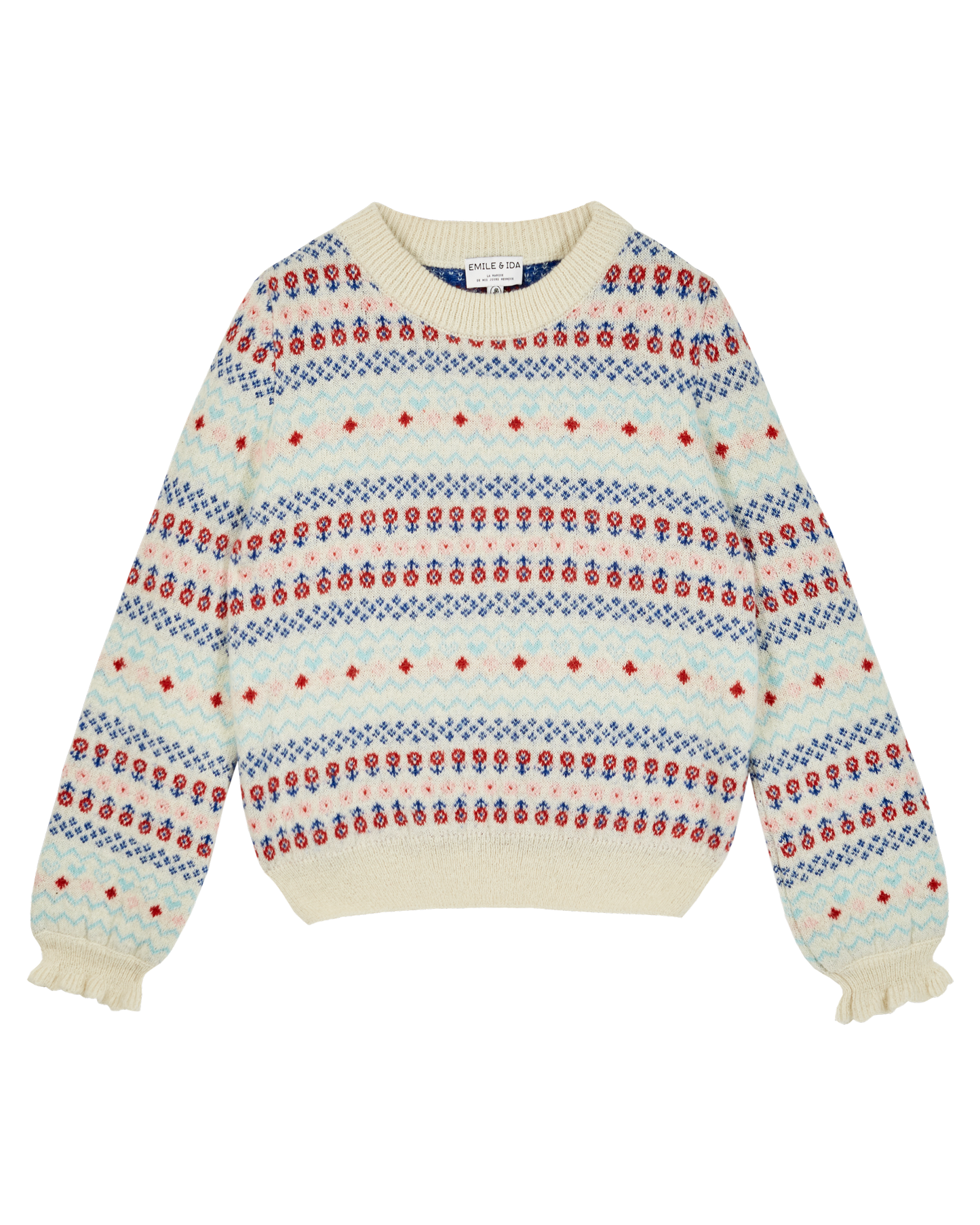 Pull femme jacquard écru et multicolore