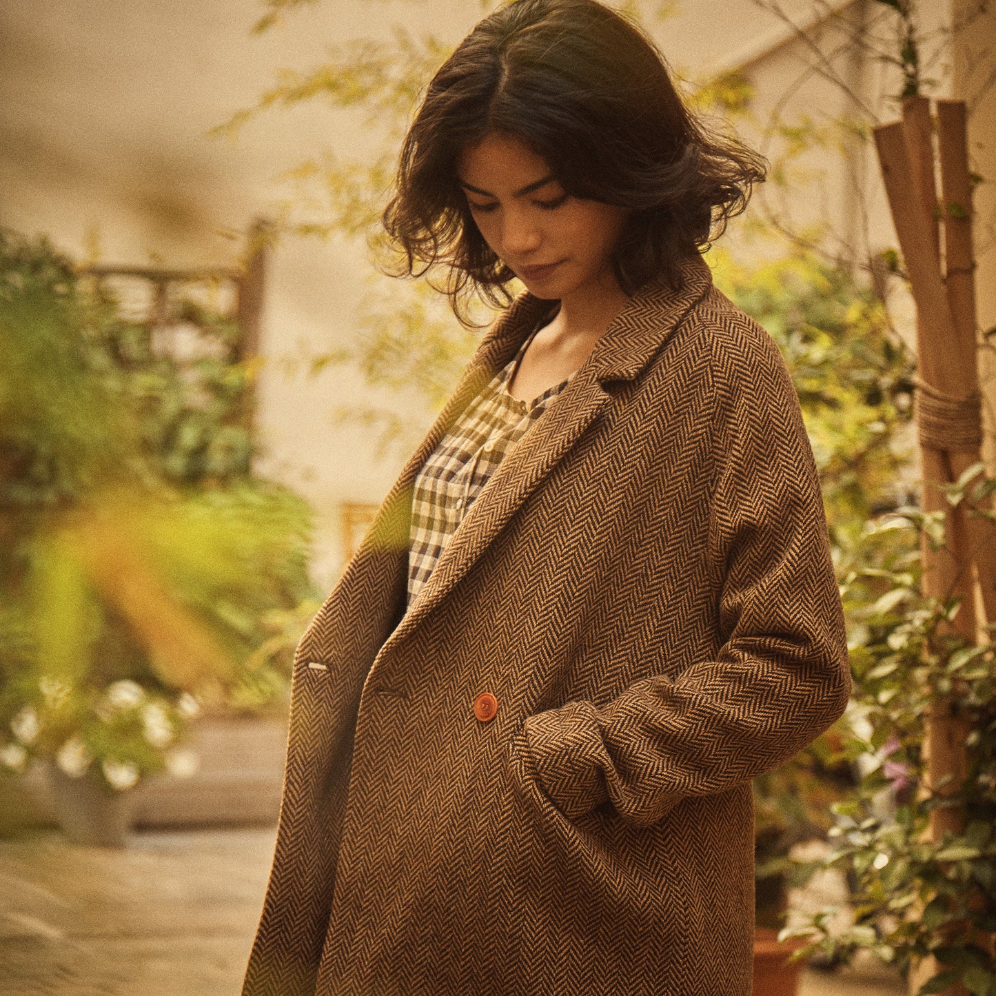 Manteau trois quart laine chevron beige