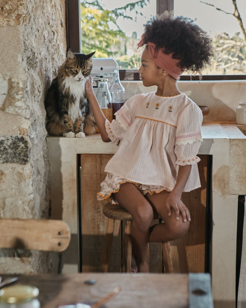 Blouse - Brodé fleurs rose