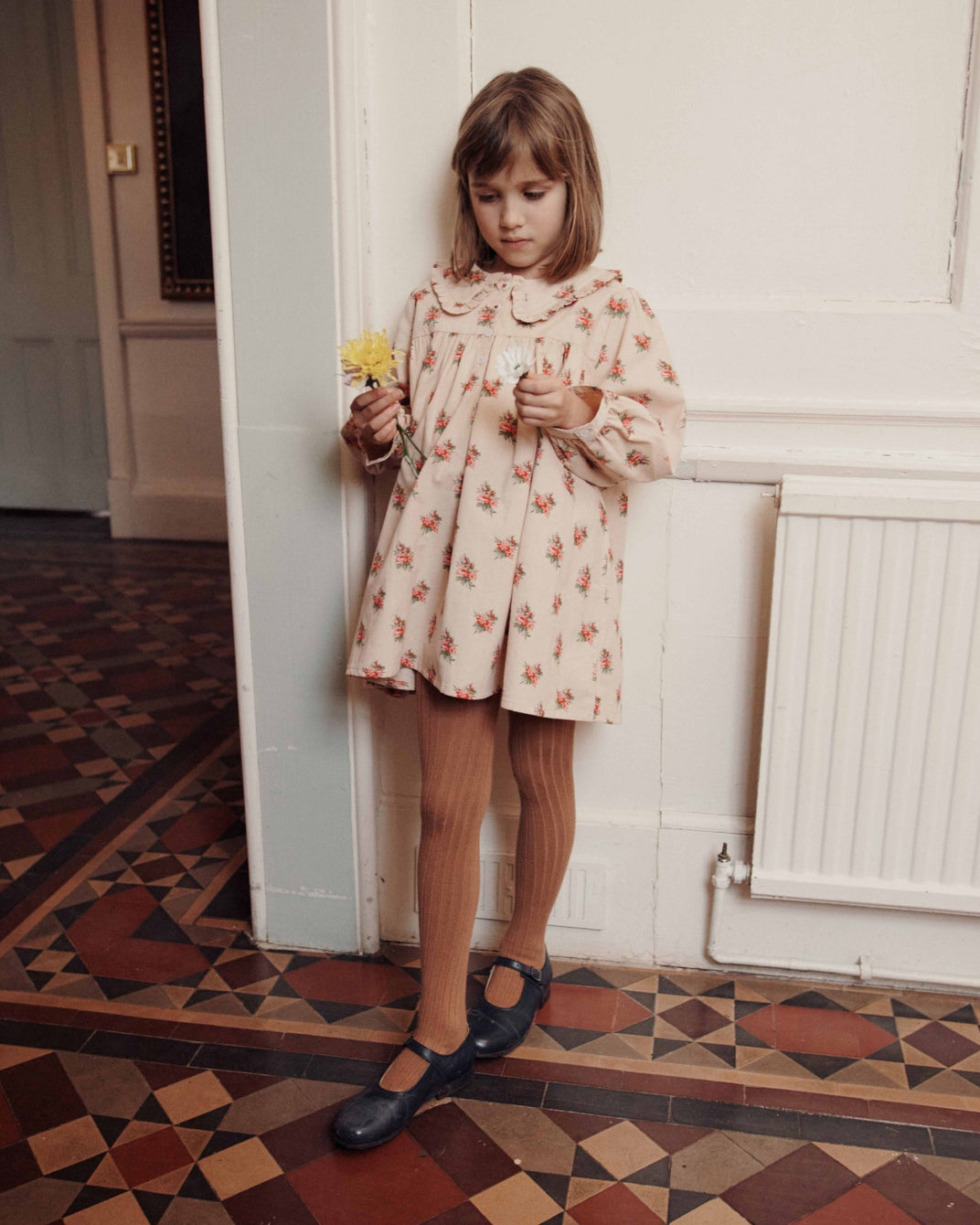 Robe ample - Velours fleuri beige