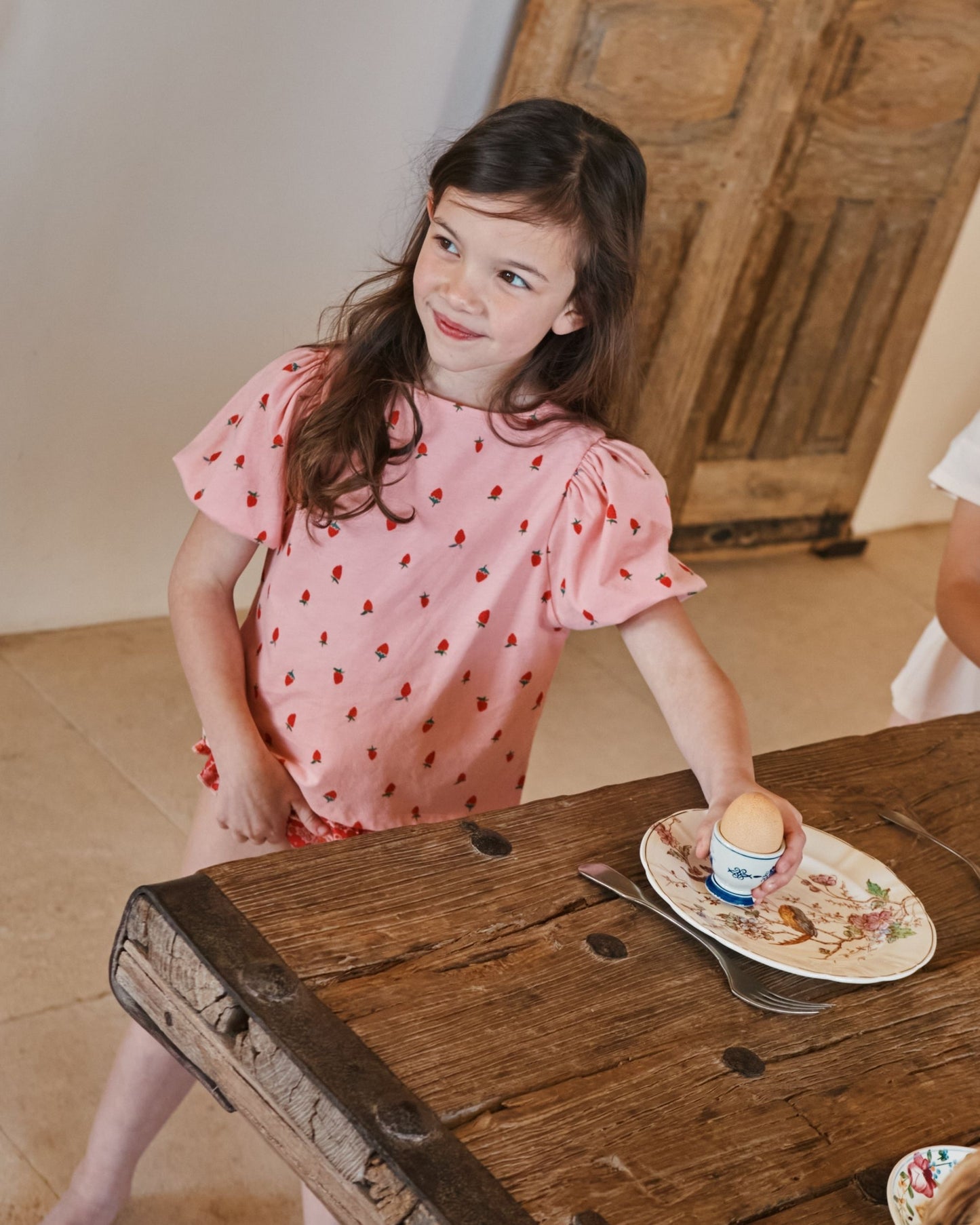 T-shirt - Manches ballons fraises rose
