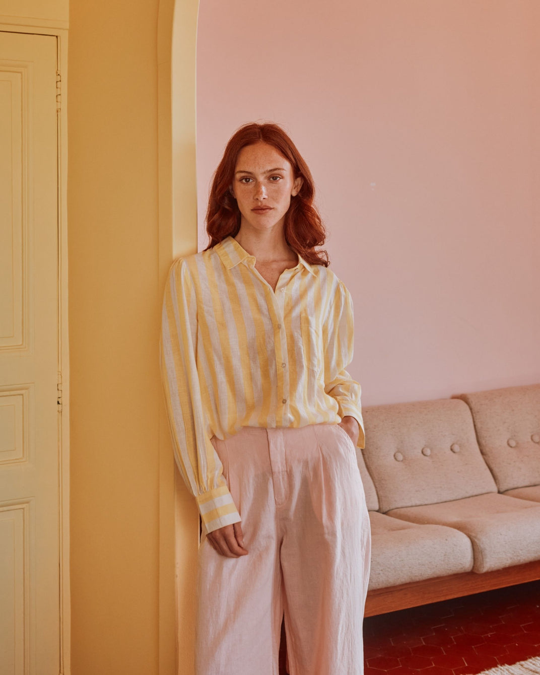 Chemise khadi rayures jaune et blanc