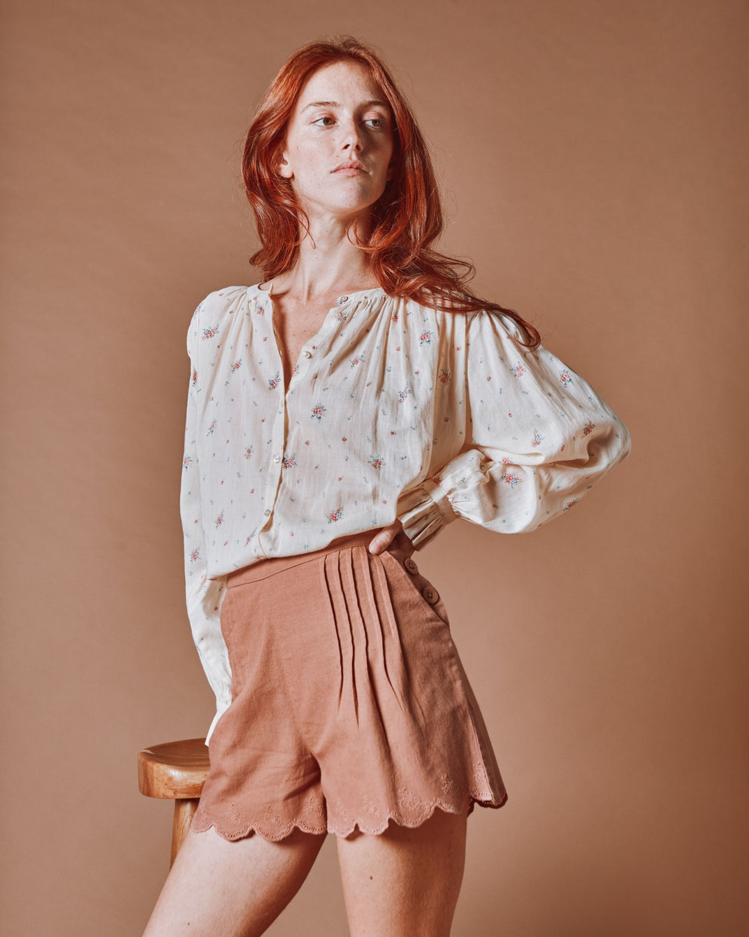 Short à pont - Plissé marron