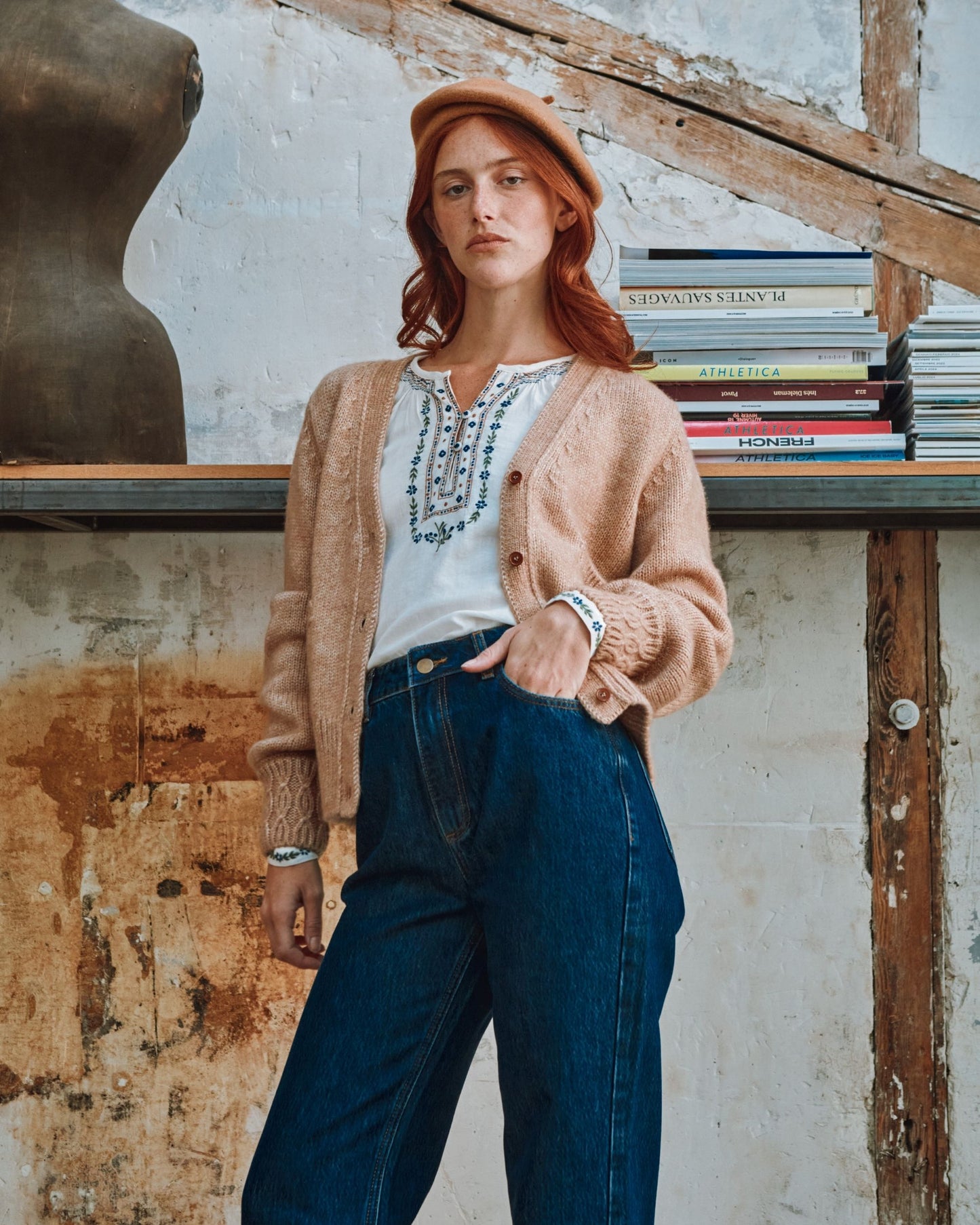 cream embroidered smocked blouse