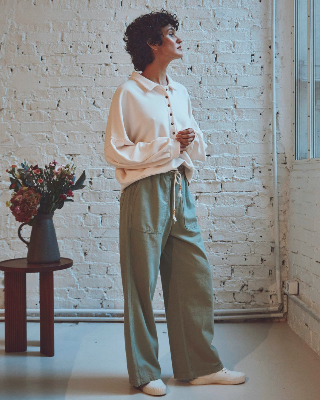 Cream organic cotton button-down sweatshirt