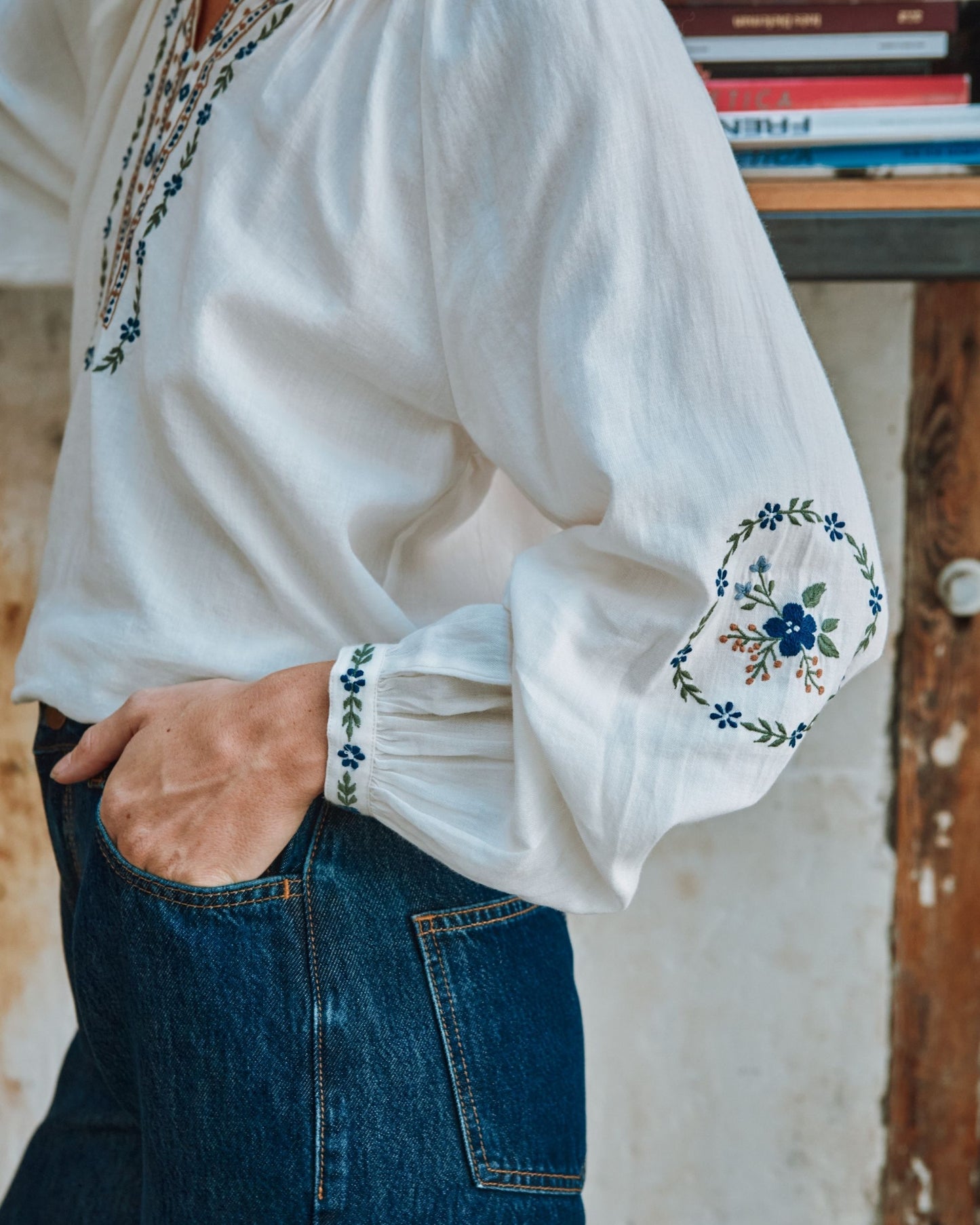 cream embroidered smocked blouse