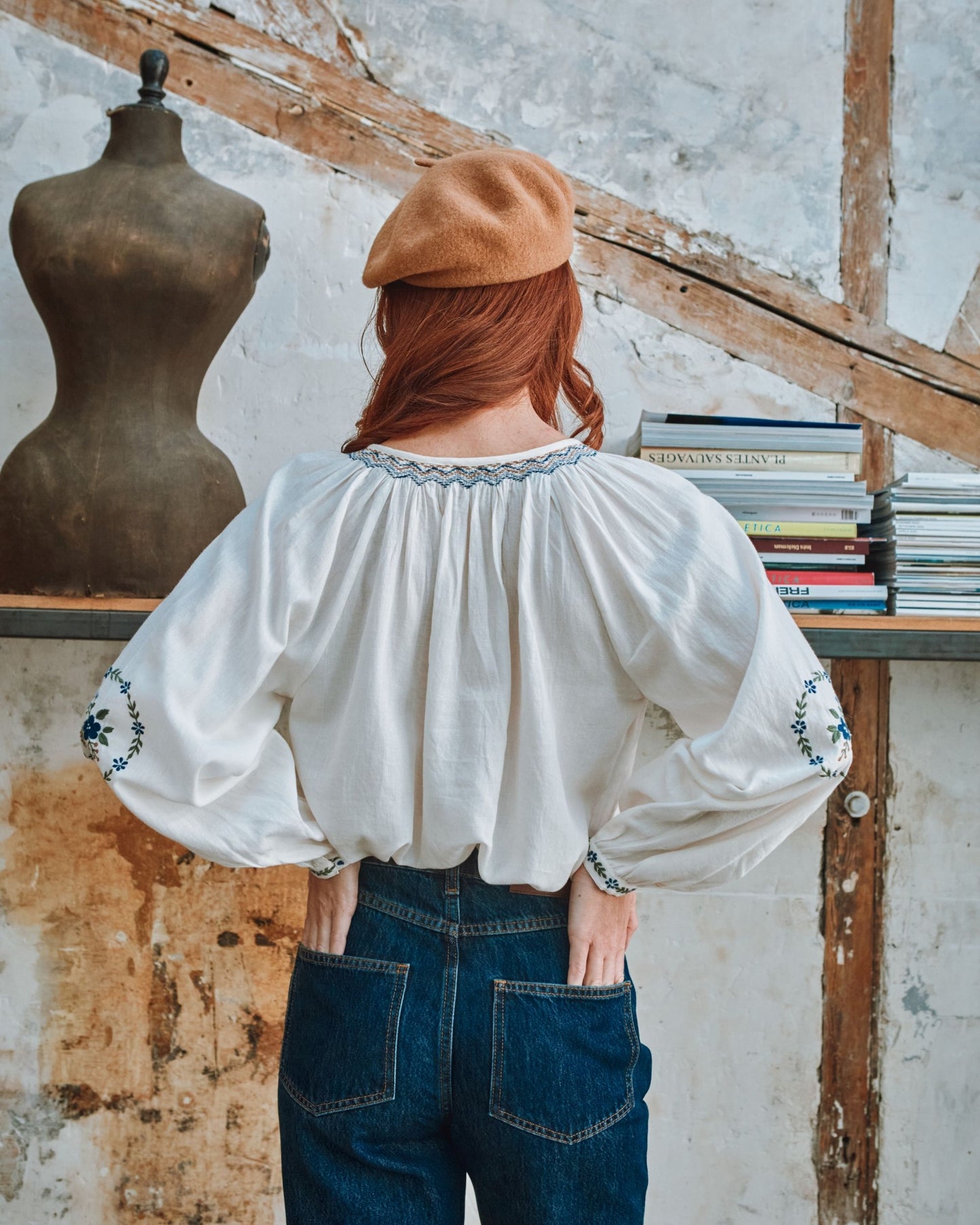 cream embroidered smocked blouse
