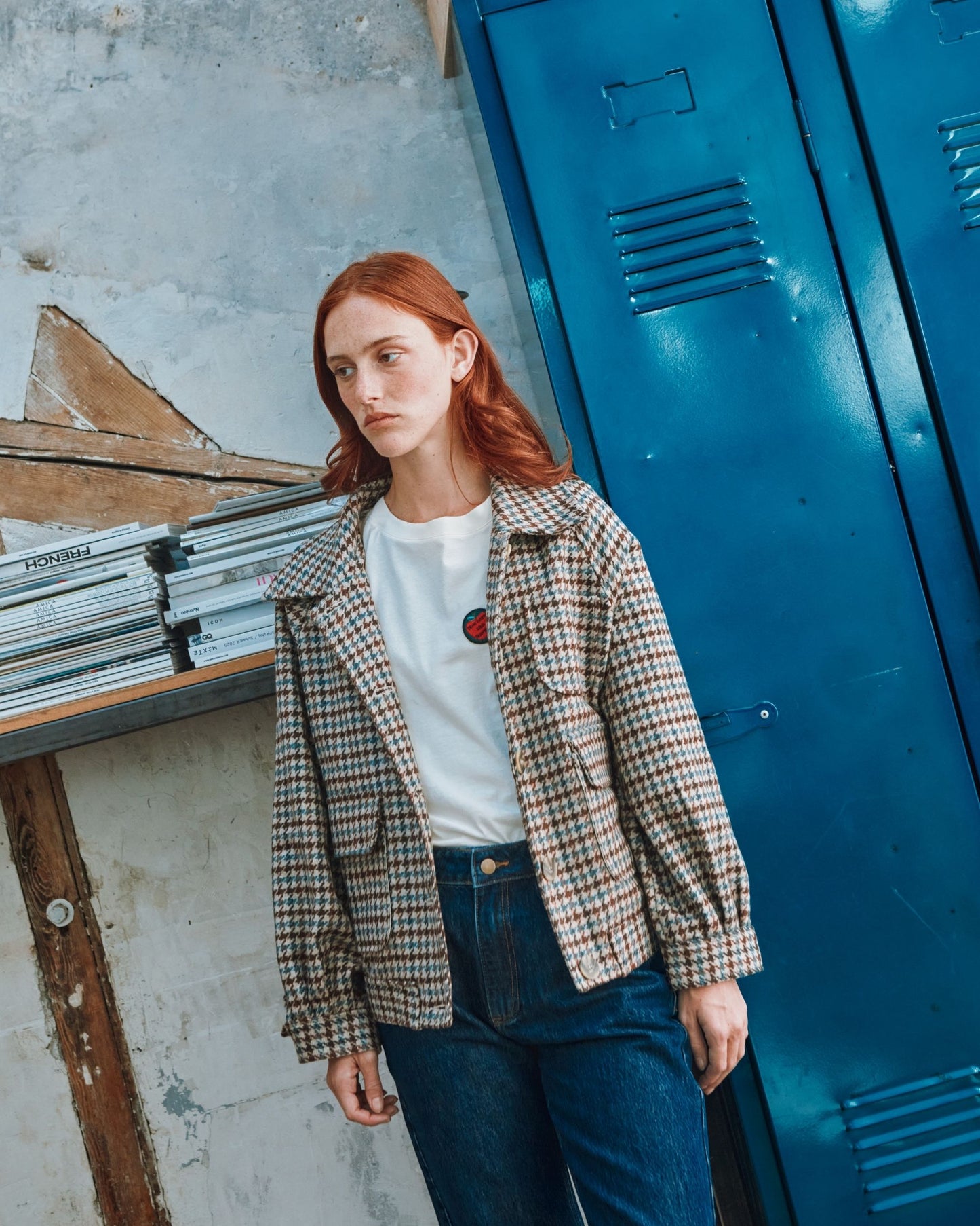 Blouson pied de coq beige et marron