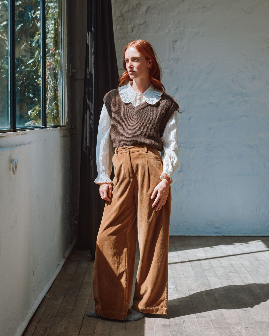 wide bronze velvet pants