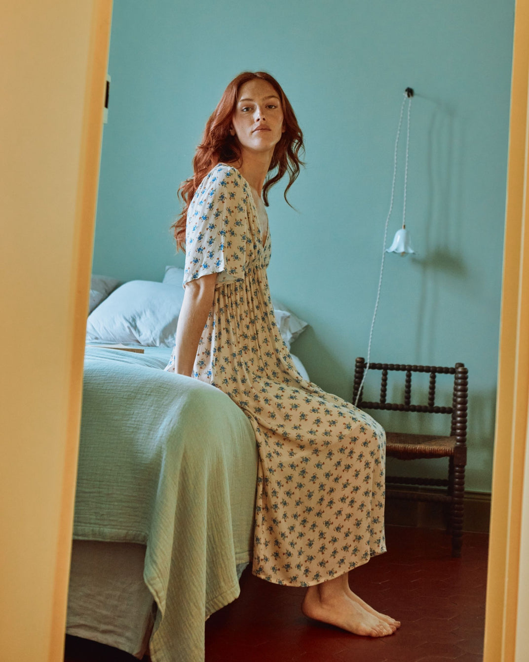 Long ecru dress with blue flowers