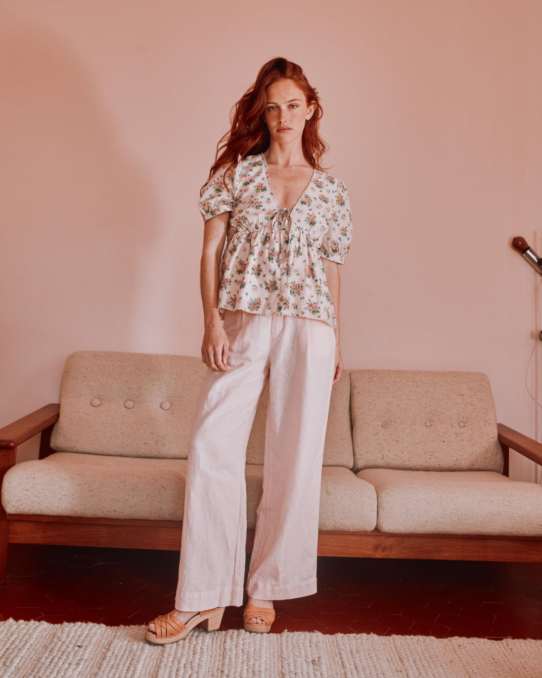 Pantalon palazzo lin coton rose pastel