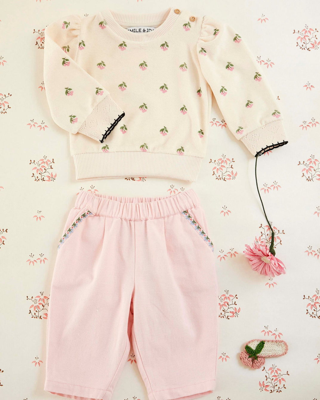 Pantalon - Brodé cerises rose