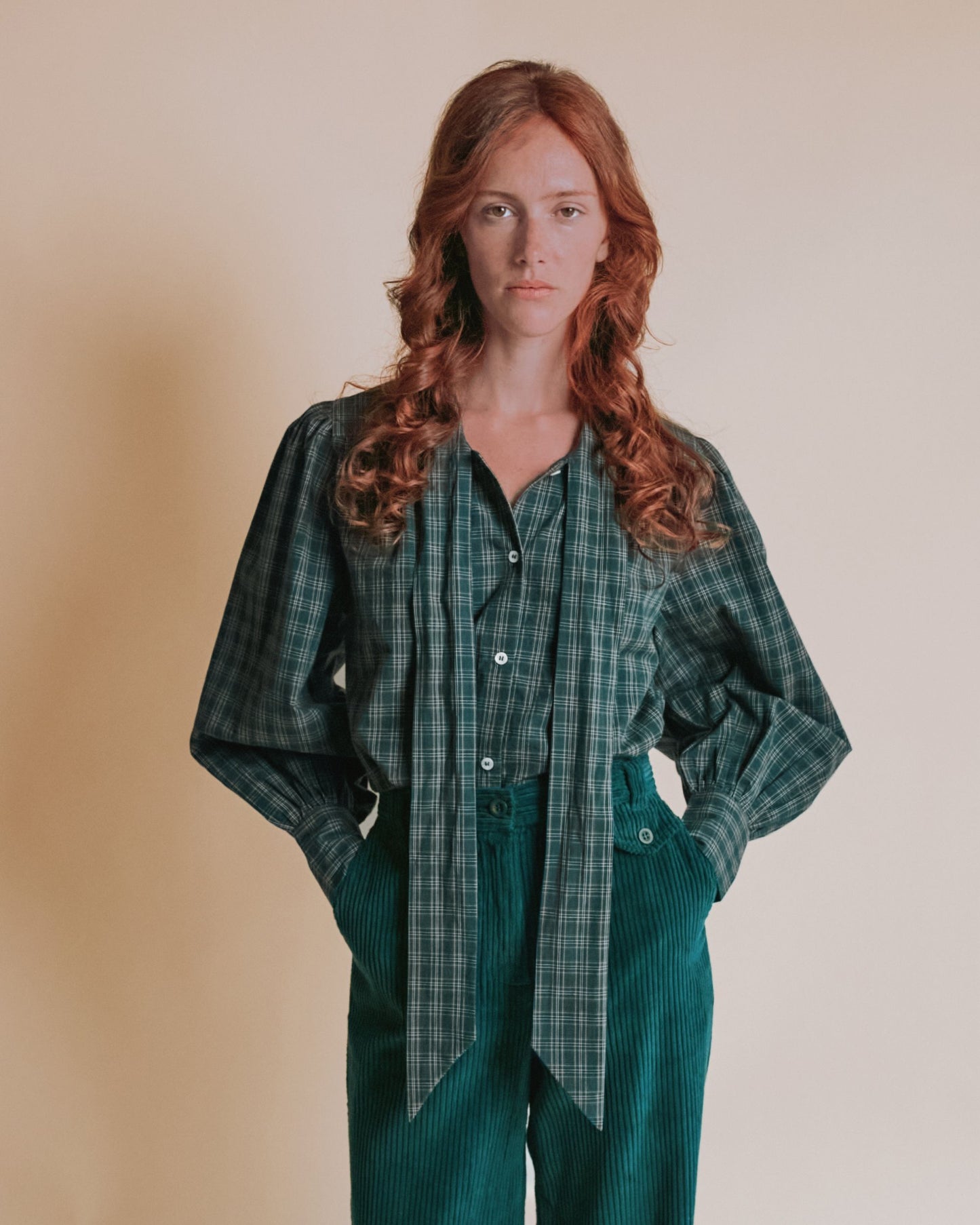 Blouse - Col lavallière carreaux vert