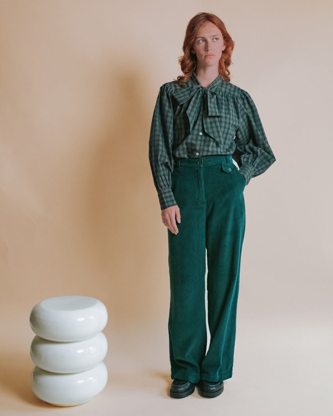 Blouse - Col lavallière carreaux vert