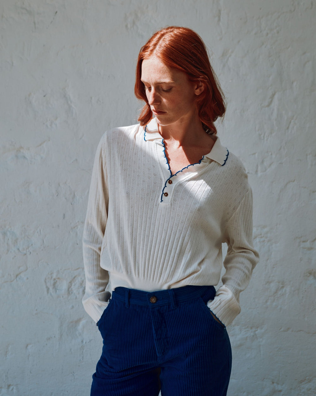 cream pointelle polo shirt