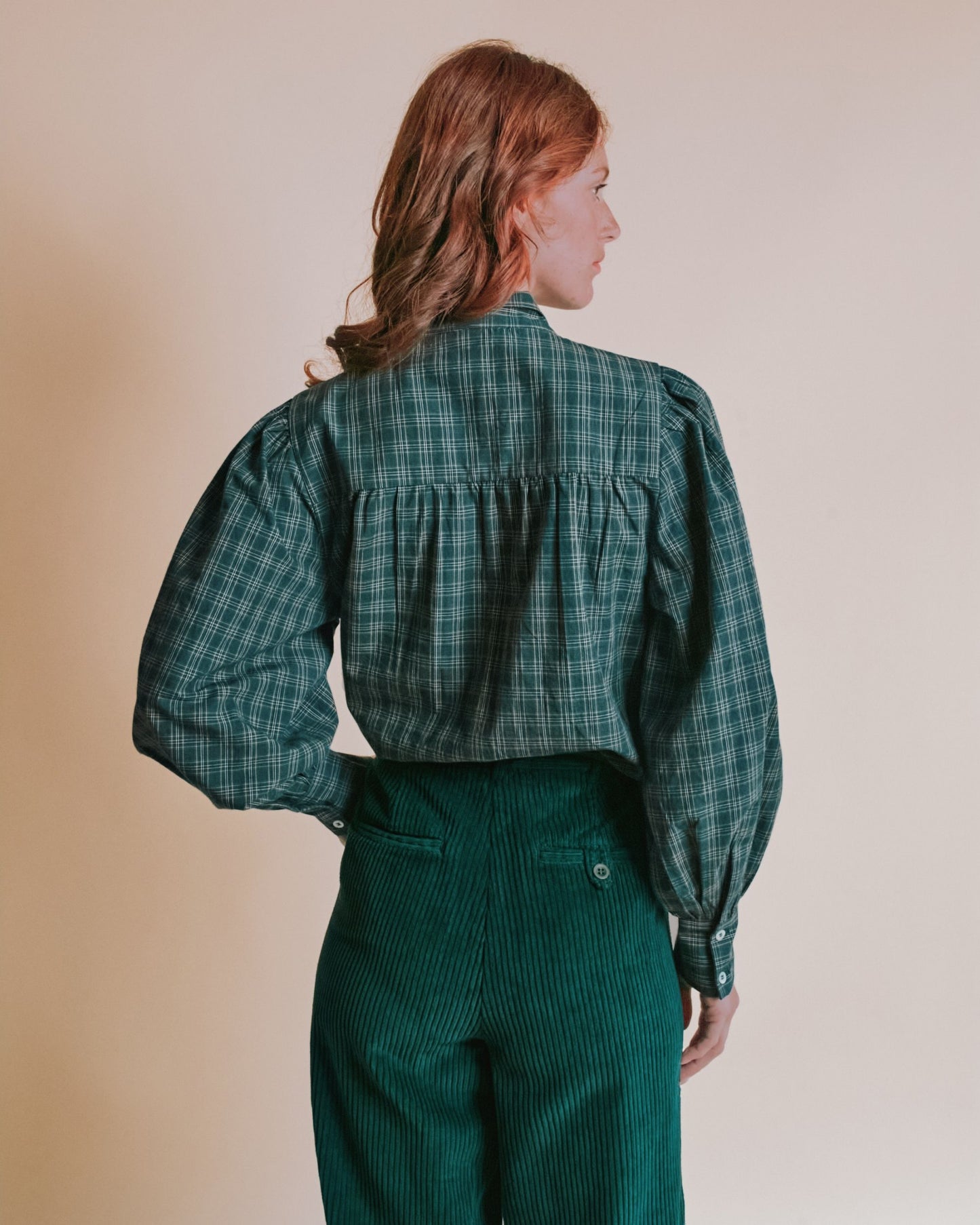 Blouse - Col lavallière carreaux vert