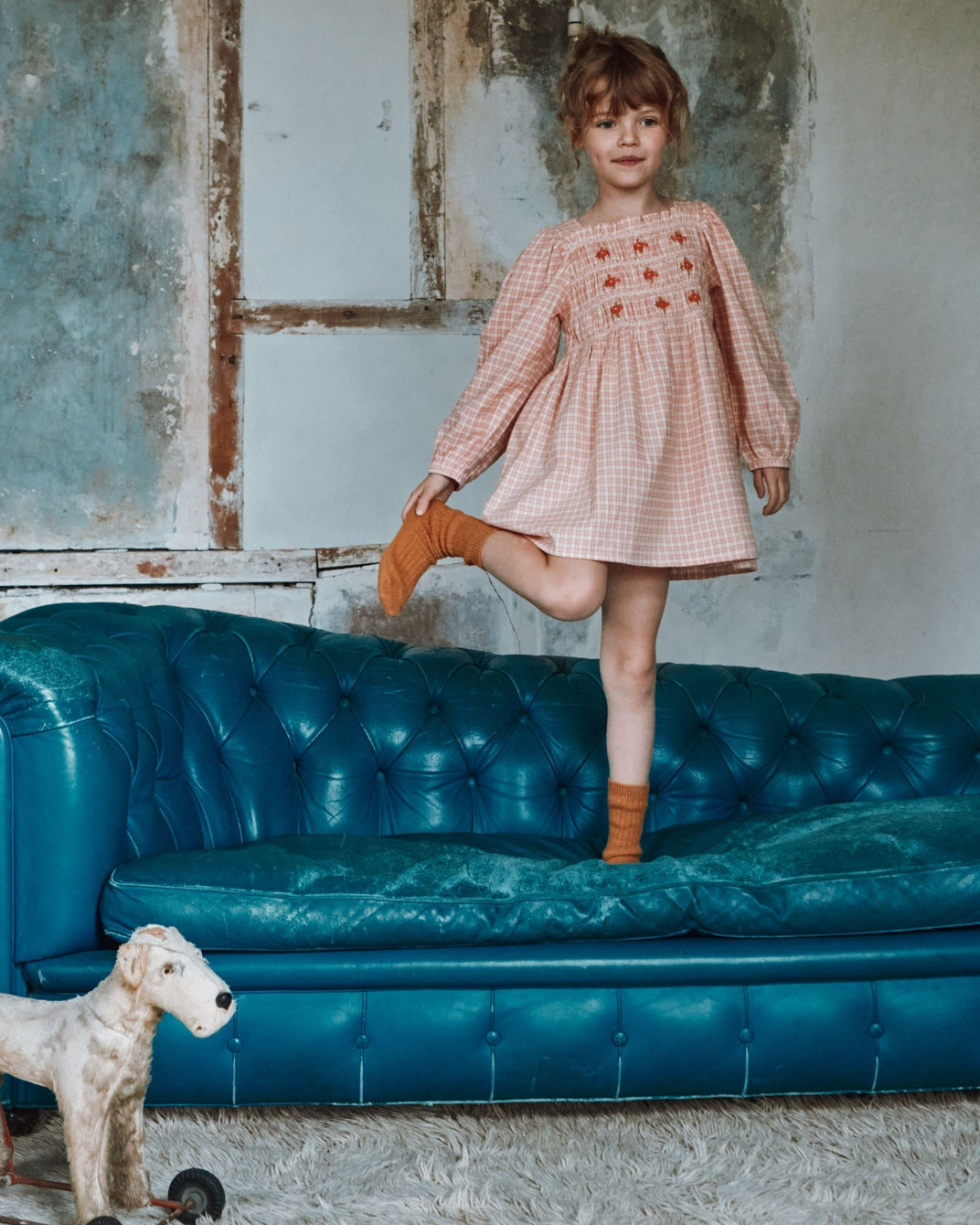 Robe smockée à carreaux rose