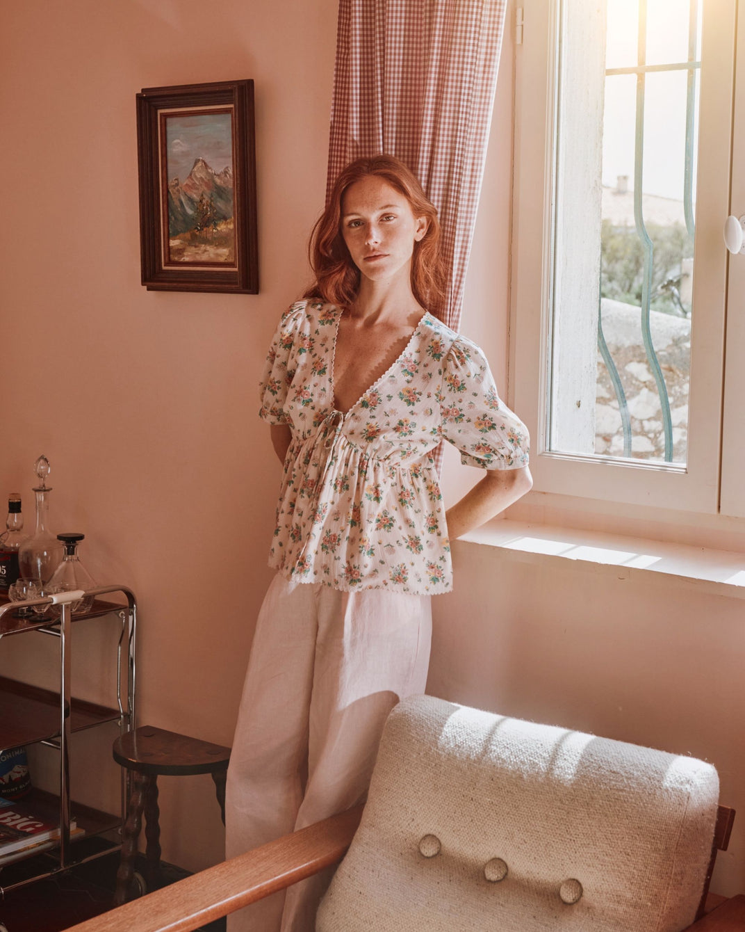 Blouse col V printemps rose