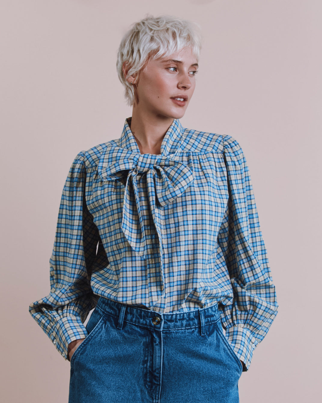 Blouse - Carreaux bleu et beige