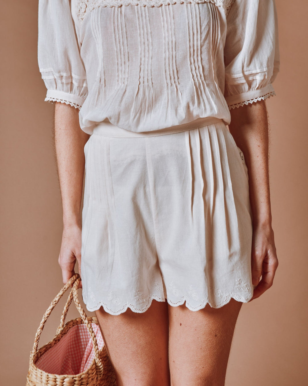 Short à pont - Plissé crème